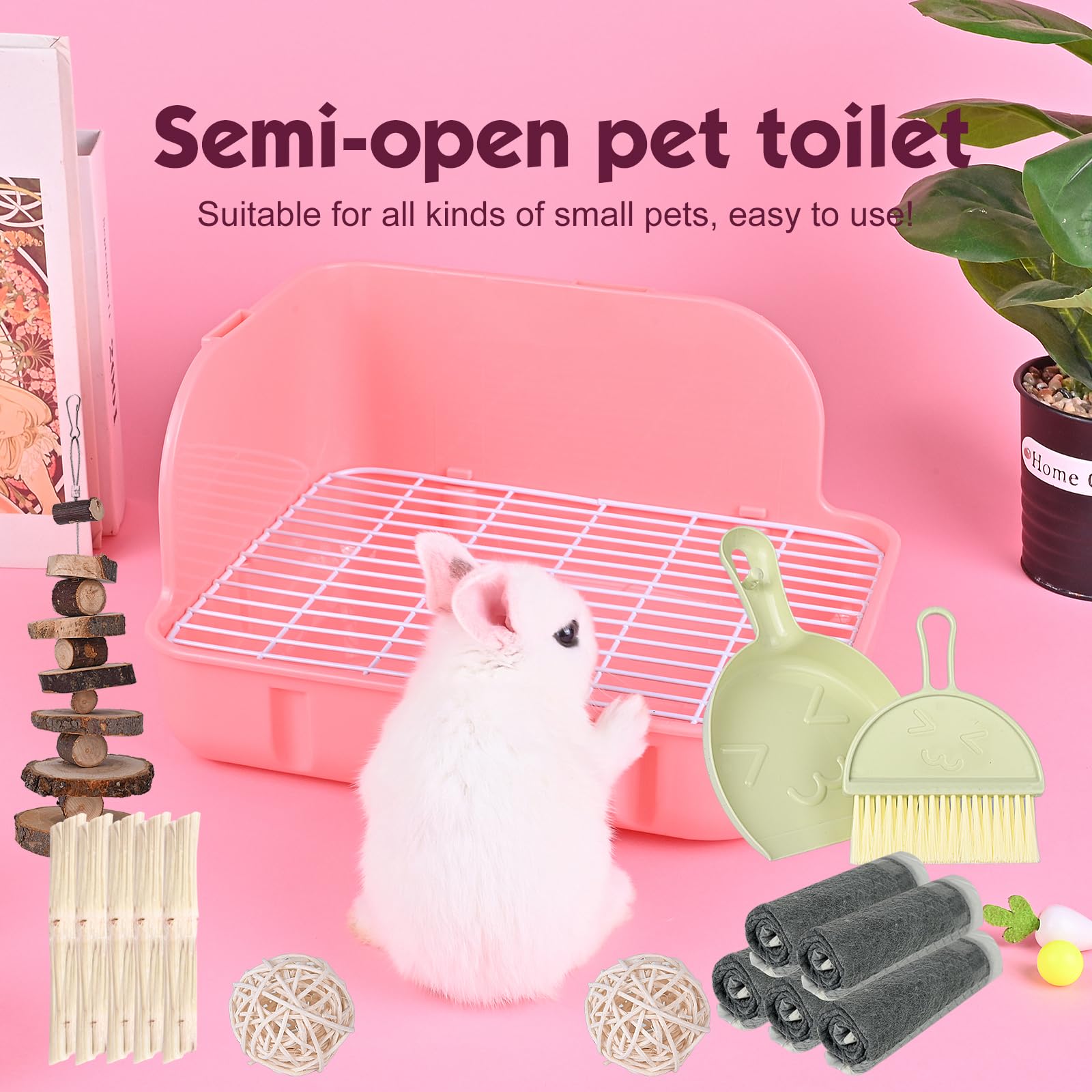 WYOK Caja de arena para conejo, caja de plástico cuadrada para orinal, caja de arena de esquina para animales pequeños, conejos, cobayas, chinchilla, hurones, galesaur, 11.4 pulgadas (rosa)