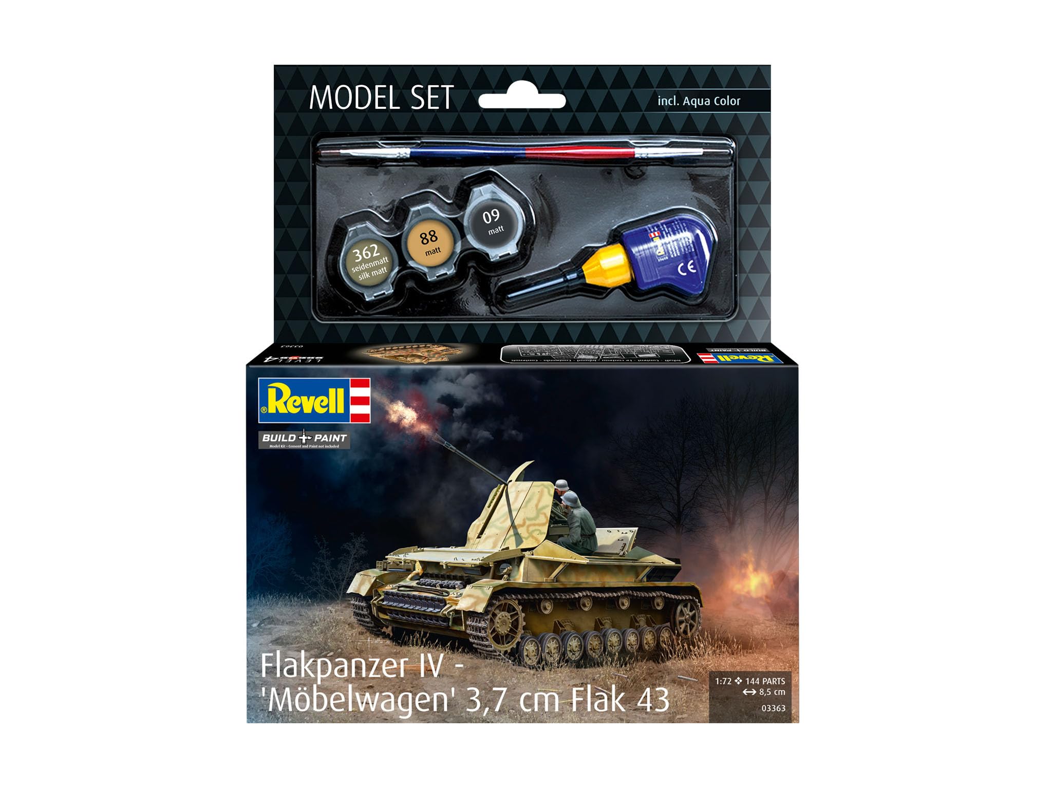 Revell 63363 model zestaw Flakpanzer IV Möbelwagen 3,7 cm Flak skala 1:72 niezbudowany plastikowy model zestaw z akcesoriami