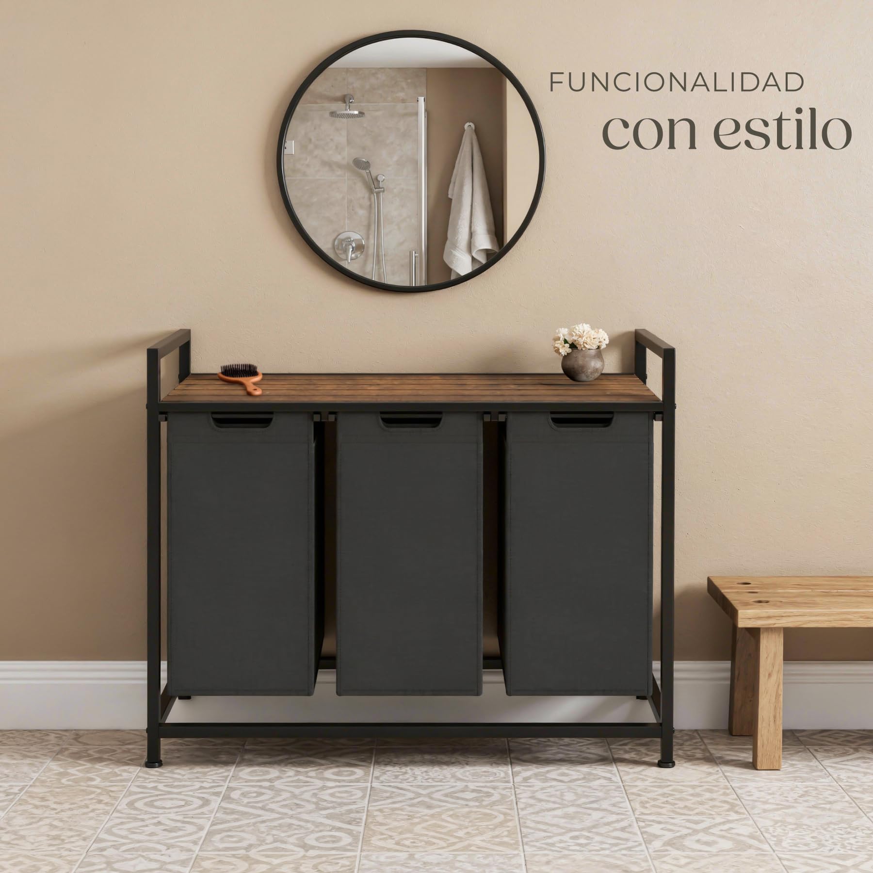 tectake® Cesto Ropa Sucia, Diseño Industrial Rústico, 3 Compartimentos, Bolsas de Poliéster Extraíbles, Cesta para Colada, Armario Lavandería, Estructura de Acero, Pies Regulables - 34 x 93,5 x 72 cm