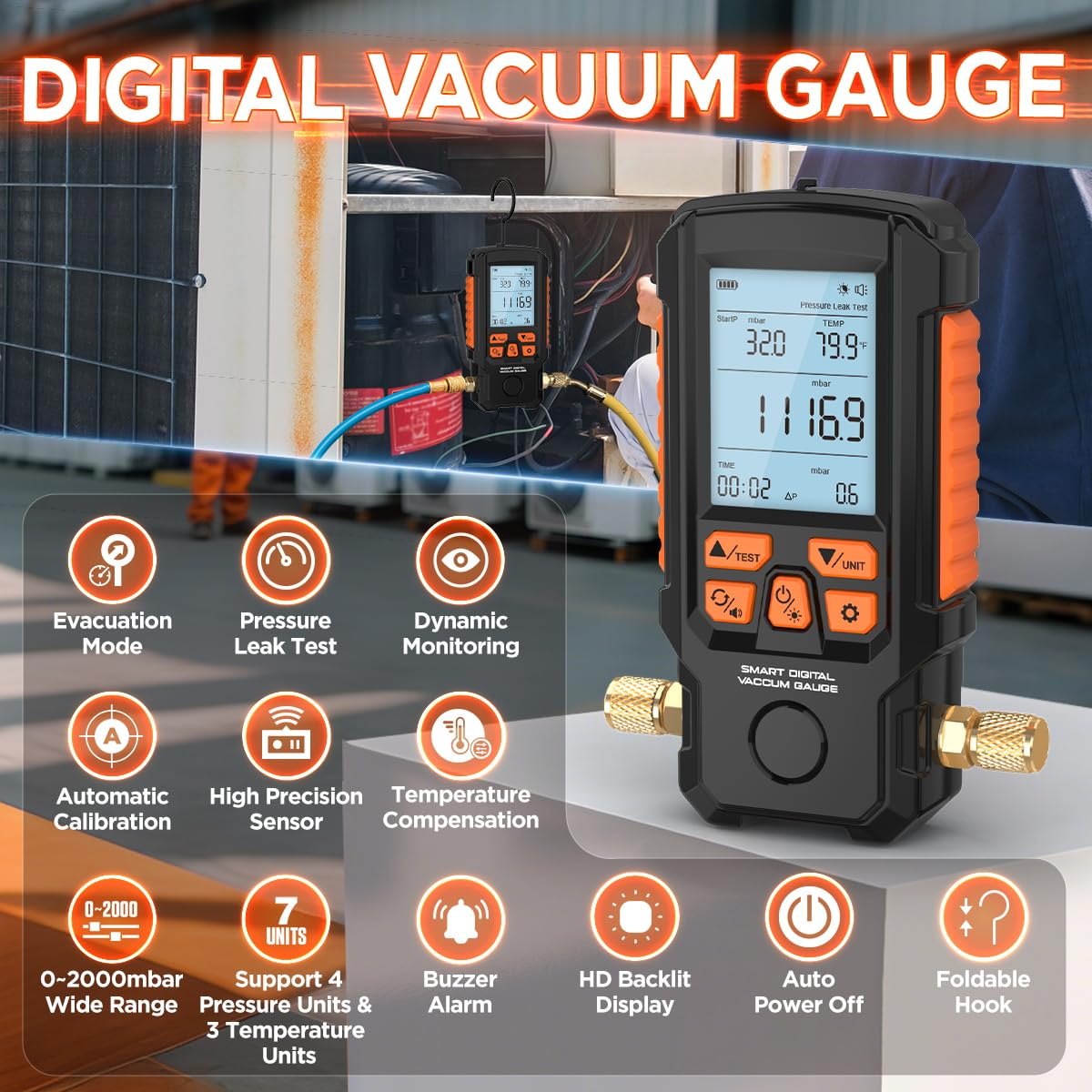 Digital Vacuum Gauge Tester HVAC 0~2000mbar & ±0.2% Accuracy Vacuum Meter Temp. Compensation HVAC Vacuum Gauges, 4 Units(Torr, mbar, inHg, Hpa), 7/16"-20 UNF(1/4" SAE), Pressure Leak Test,Buzzer Alarm