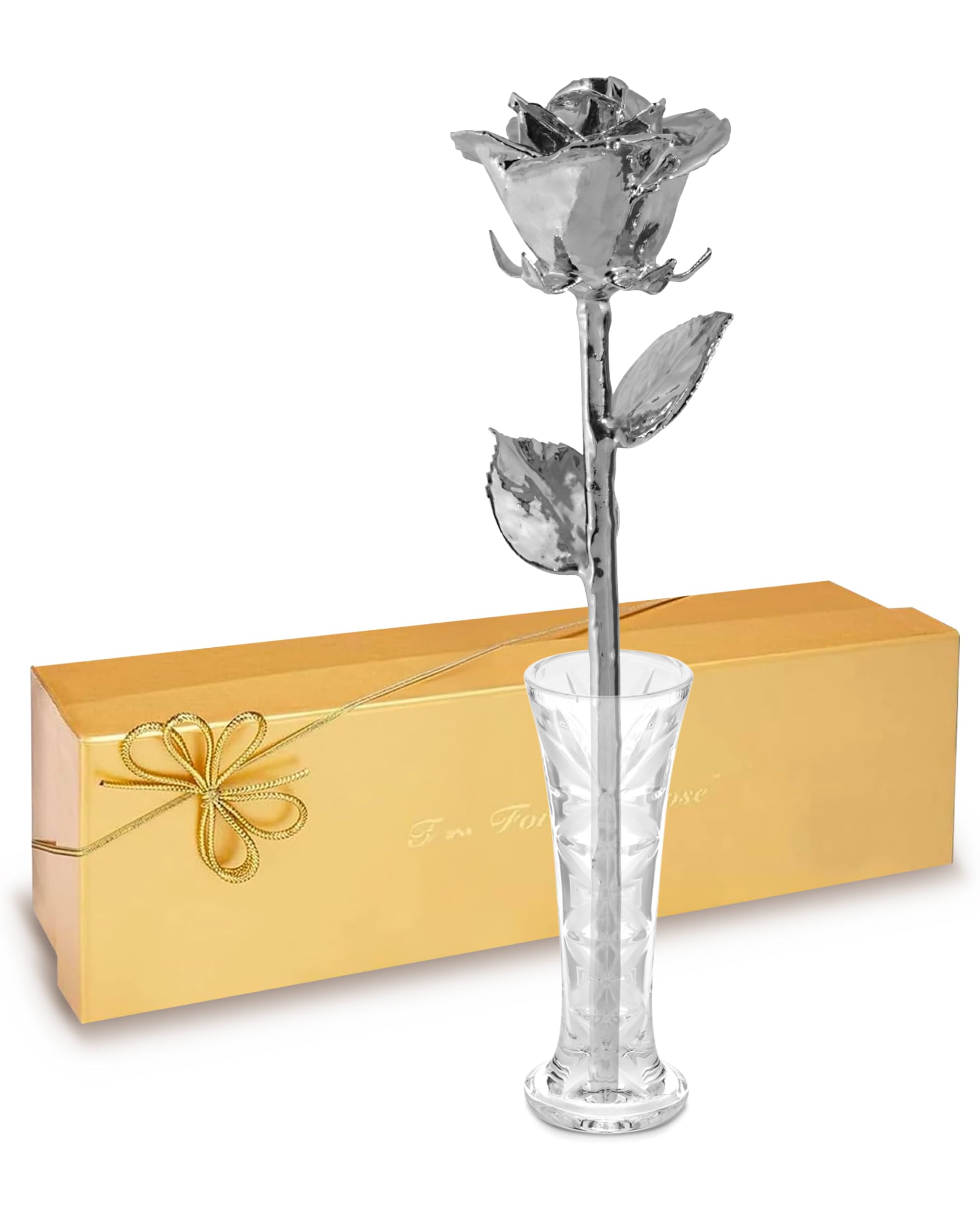 Forever Rose Real Rose Dipped in Platinum, Handcrafted Preserved Rose in Clear Glass Bud Vase and Luxury Gold Gift Box, Romantic and Elegant Keepsake for Anniversary, Valentine's Day or Birthday