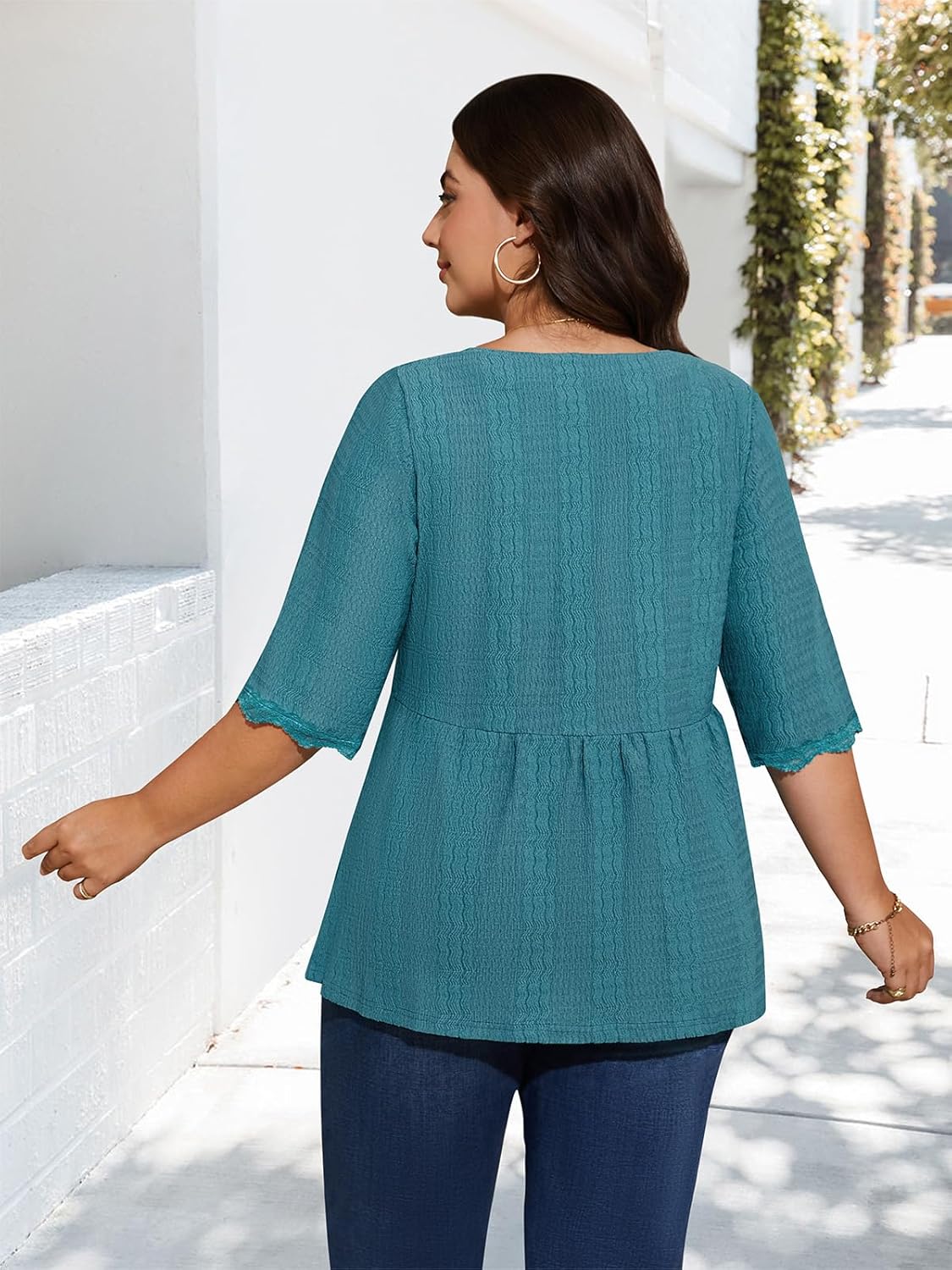 Plus Size Tops for Women 3/4 Lace Sleeve Shirts V Neck Blouses Casual Loose Tunic Tops to Wear with Leggings - Image 3