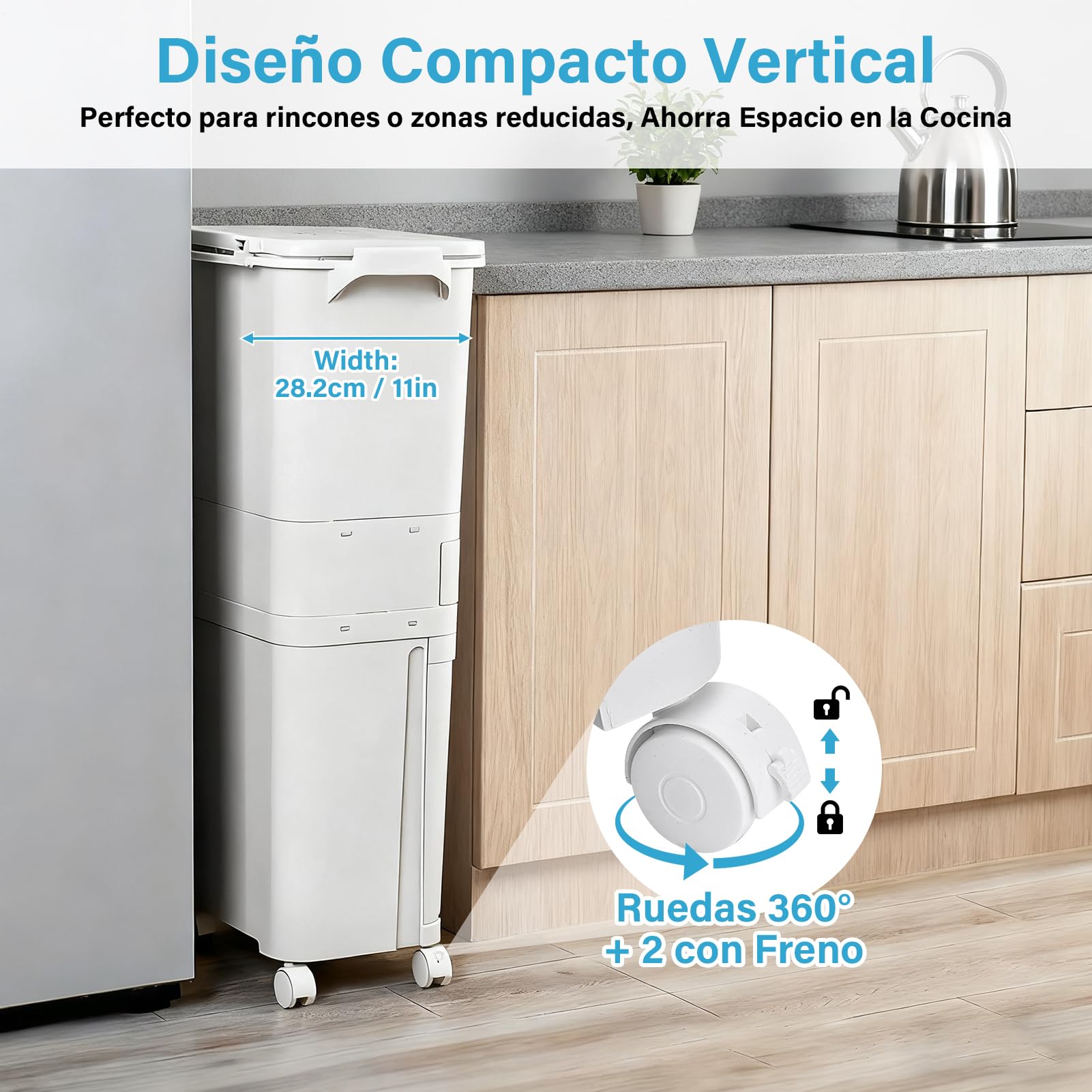 Cubo De Basura Cocina Multinivel 42L, cubo De Basura De Reciclaje Con Ruedas Bloqueables, Diseño Vertical Ahorrador Espacio, Separación Residuos Seco Húmedo, 3 En 1 Contenedor De Basuras De Cocina