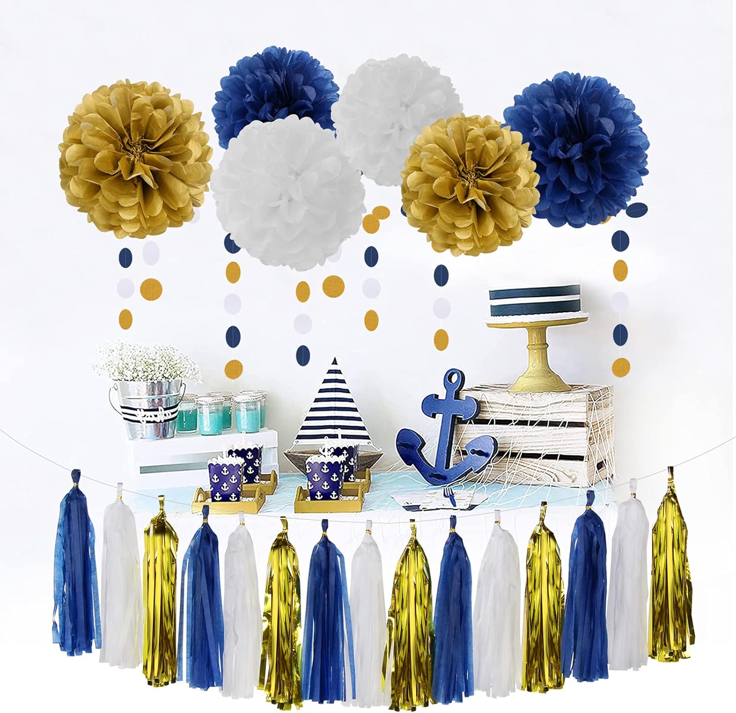 Navy Blue White Gold Party Decoration 23pcs Kits-Paper Flowers,Banner Flags,Circle Banner,Tassel Garland Birthday Bachelorette Boy Baby Shower Gender Reveal Graduation Decorations Lasting Surprise - Image 2