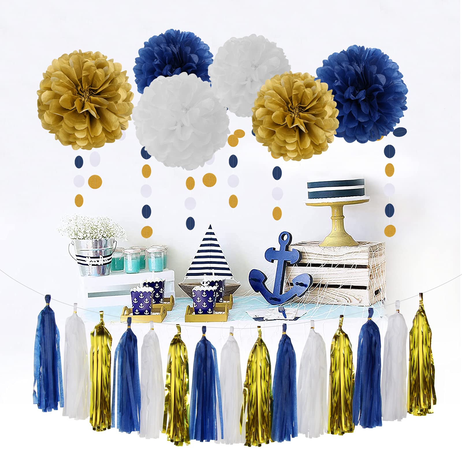 Lot de 23 kits de décoration de fête bleu marine, blanc et doré, fleurs en papier, bannière, bannière circulaire, guirlande à pompons, anniversaire, enterrement de vie de jeune fille, fête prénatale