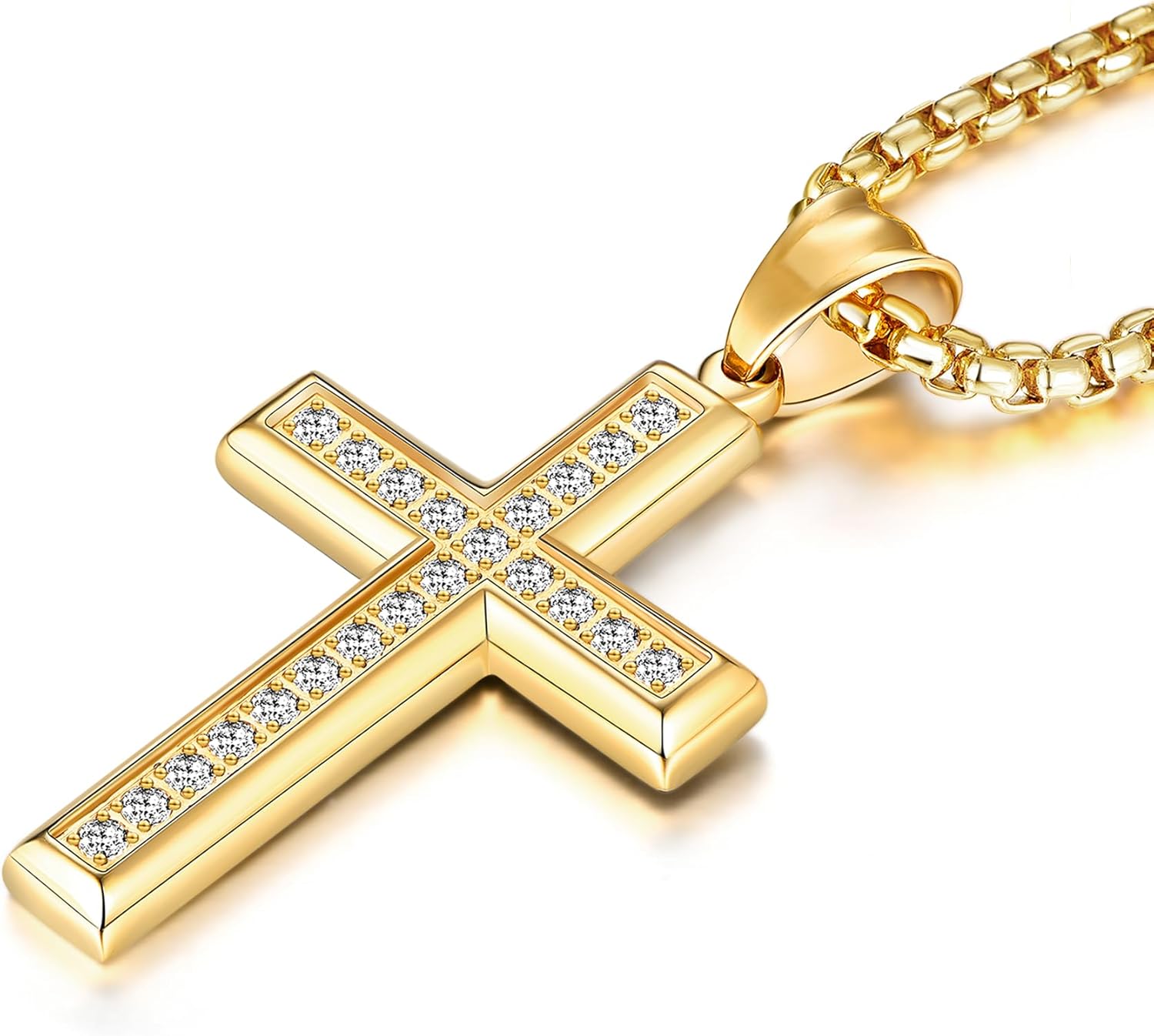 Cross Necklace for Men Stainless Steel Crucifix Pendant Silver White Gold Yellow Black Jesus Christ Plain Simple Women Fine Jewelry Gifts, 24 Inches Rolo Chain, Zirconia, Polished, Rope