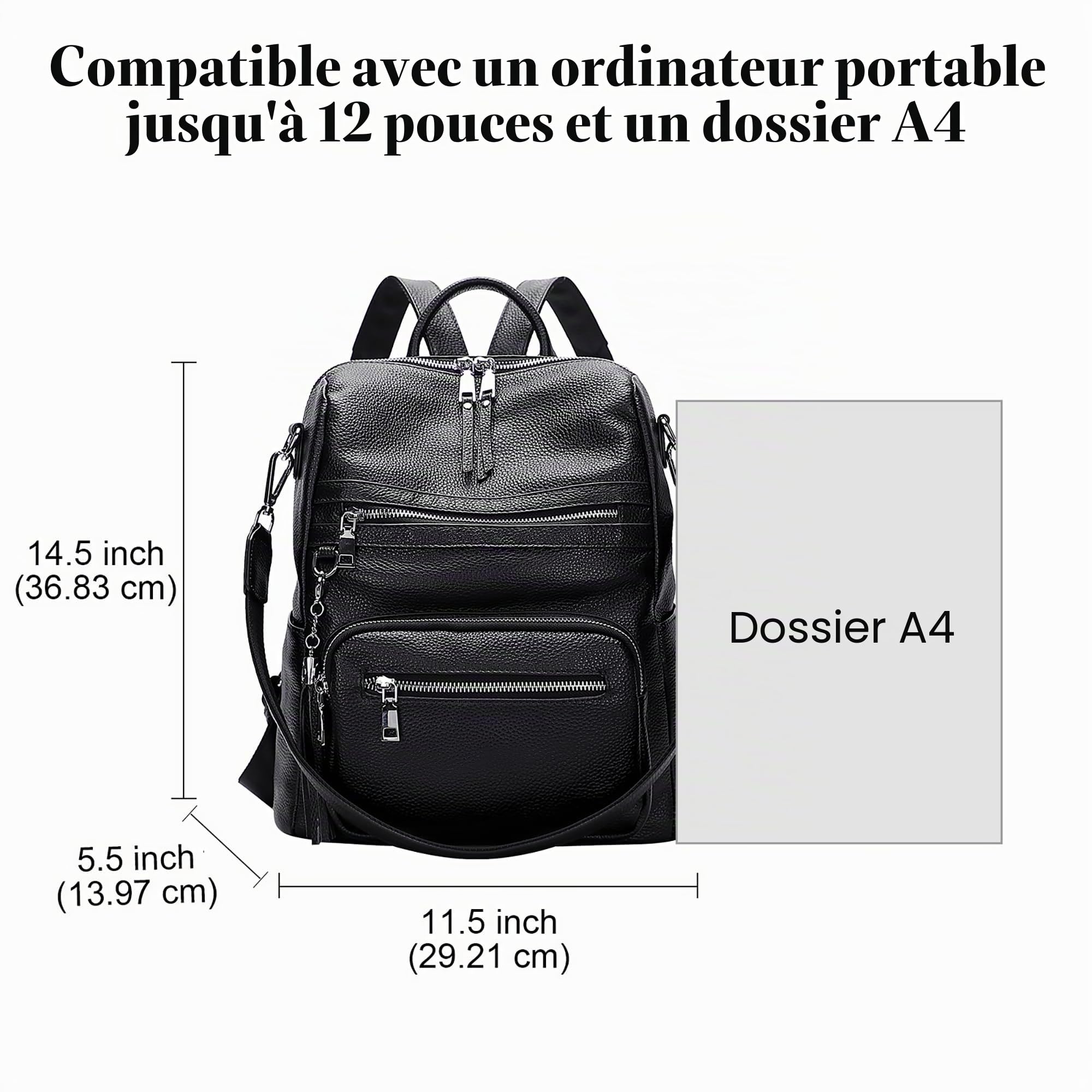 ALTOSY Sac à Dos Cuir Femme Véritable Grand Élégant Souple Bandoulière | Pour ipad 11", Multi-poches, Sac à Dos Décontracté Convertible pour Quotidien, Voyage, Déplacements, S106 Noir