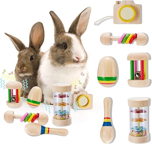 6 Pcs Wooden Bunny Toys - Safe Rabbit & Guinea Pigs Teeth Grinding Toys for Chinchillas & Hamsters - Indoor & Outdoor