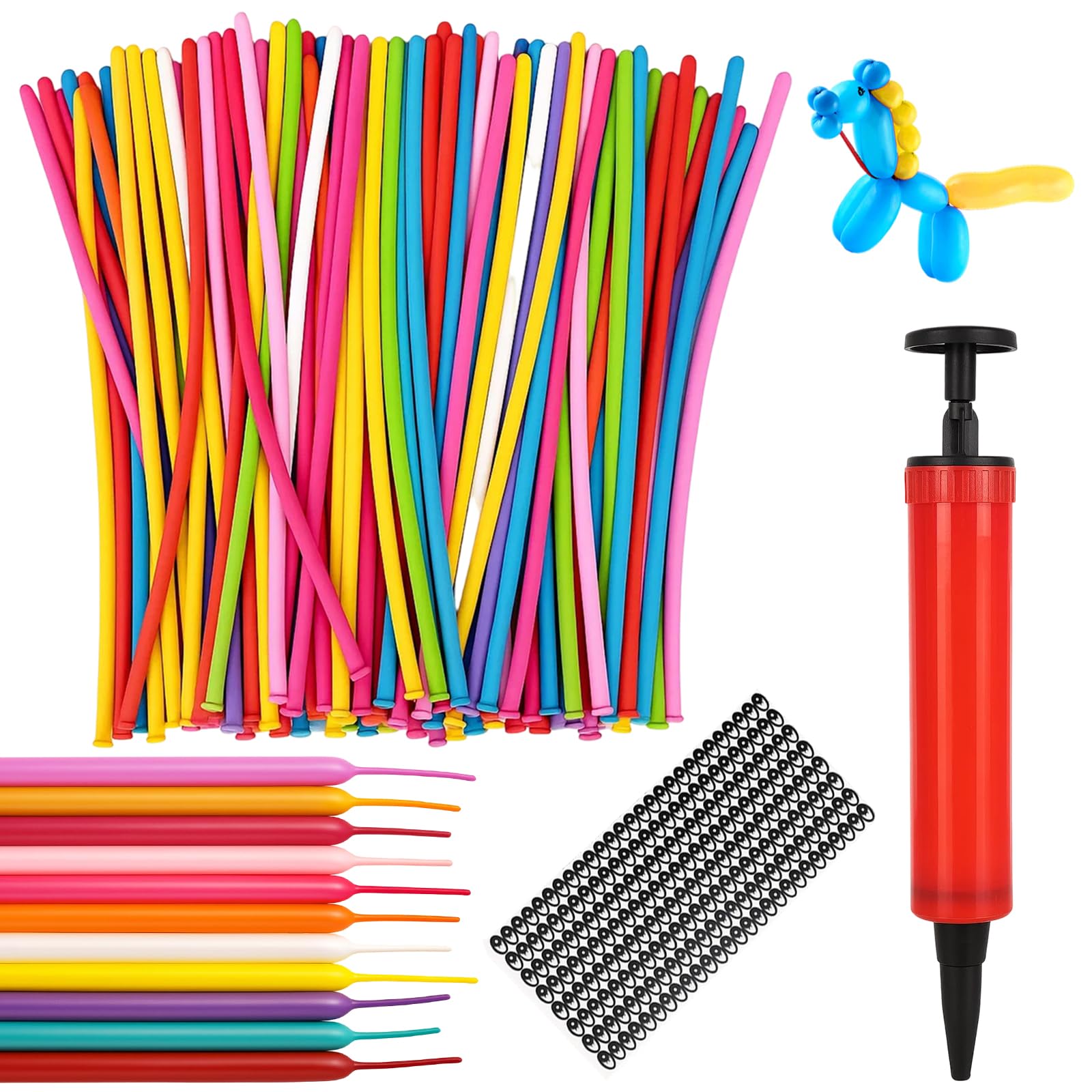 100 Modelling Balloons, Long Balloon for Tying Balloon Animal Making Kit with Pump and Eye Stickers
