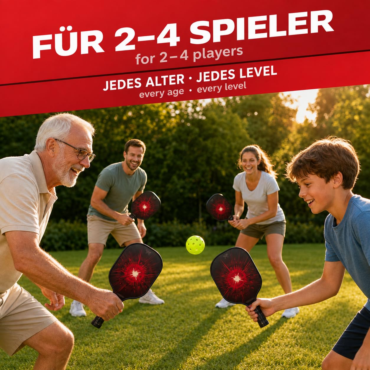 Blaze Pickleball Set - 2 raquettes de pickleball + 4 balles USAPA + sac - Pagaie en fibre de verre - Kit complet pour débutants et confirmés (rouge/noir)