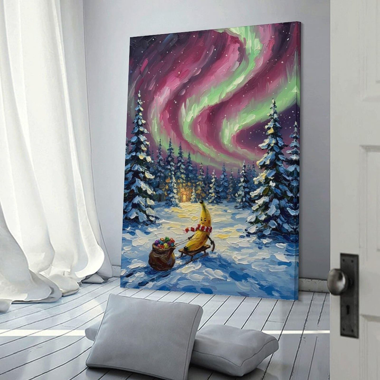 Junmoney Frame-Style-17 Banana Sleigh Ride Under Aurora Borealis Wall Picture Print, 24X36inch(60X90cm), For Wall Displays, Bedrooms Or Room Updates, Decorative Artwork With Flexible Styling