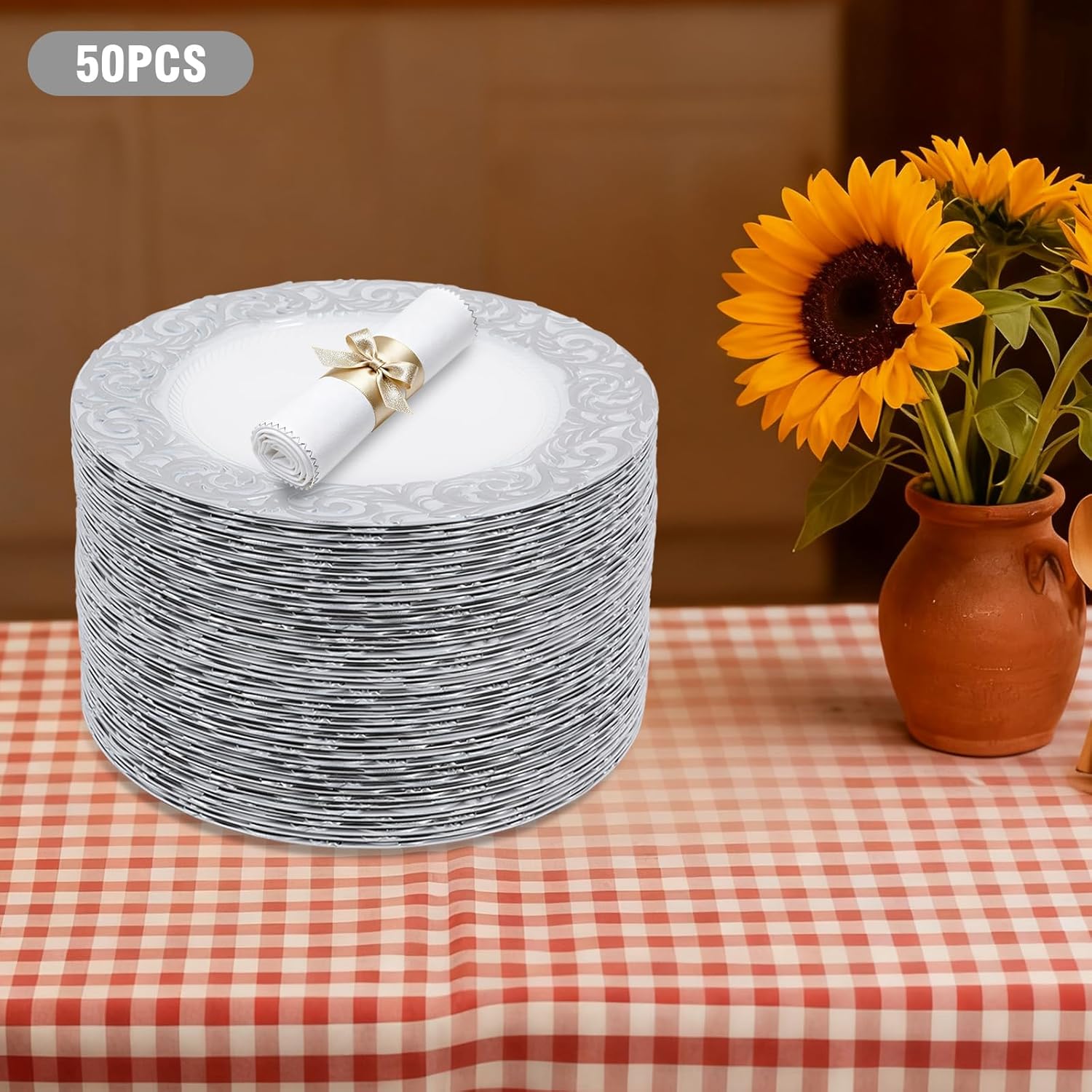 TFCFL 50Pcs Antique Charger Plates Bulk 13Inch Plastic Embossed Dinner Plate Chargers Round Floral Plates Dinner Wedding Party Event Table Setting Decoration (White+Silver)