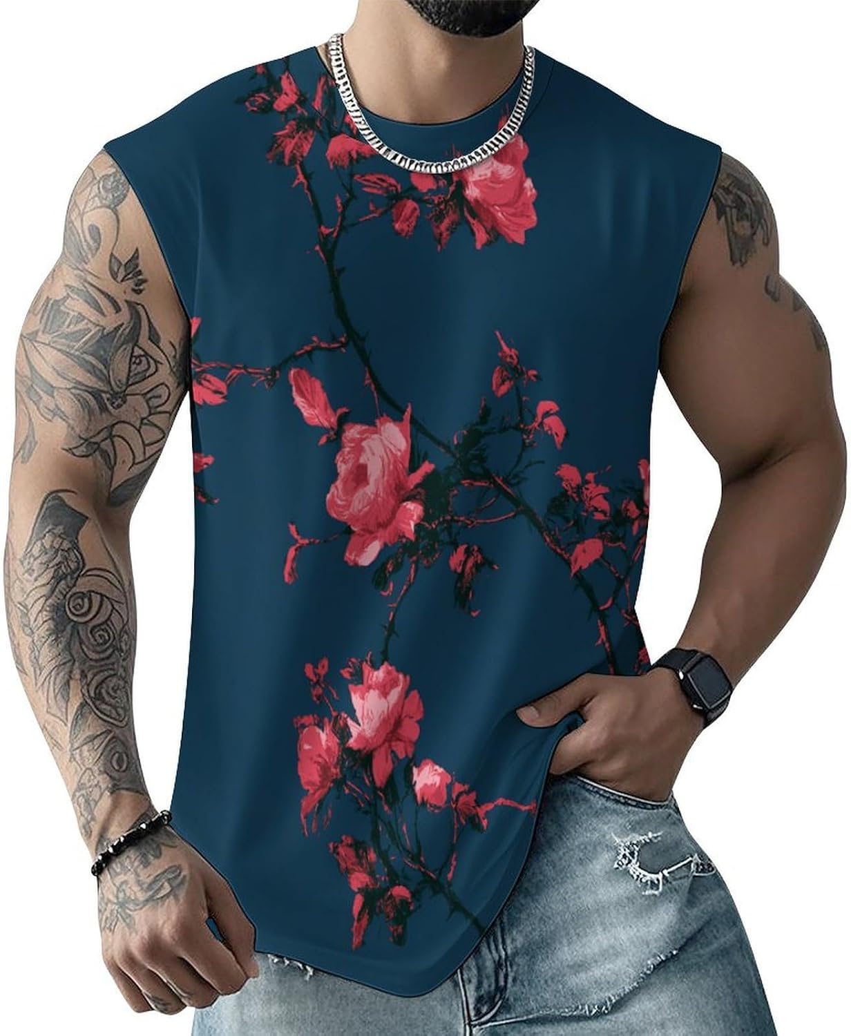 Meandering RosesMen's Sleeveless Crew Neck Knit Top, Soft Faux Cotton Everyday Casual Basic Blouse