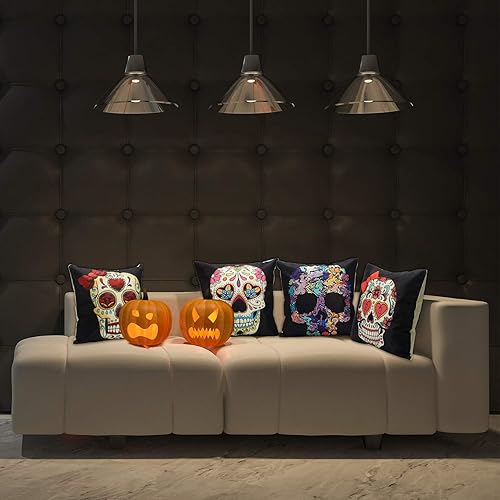 Miniatura 2 de 4 fundas de almohada decorativas de Halloween, fundas de almohada cuadradas de lino para el Día de los Muertos, fundas de almohada cuadradas de lino