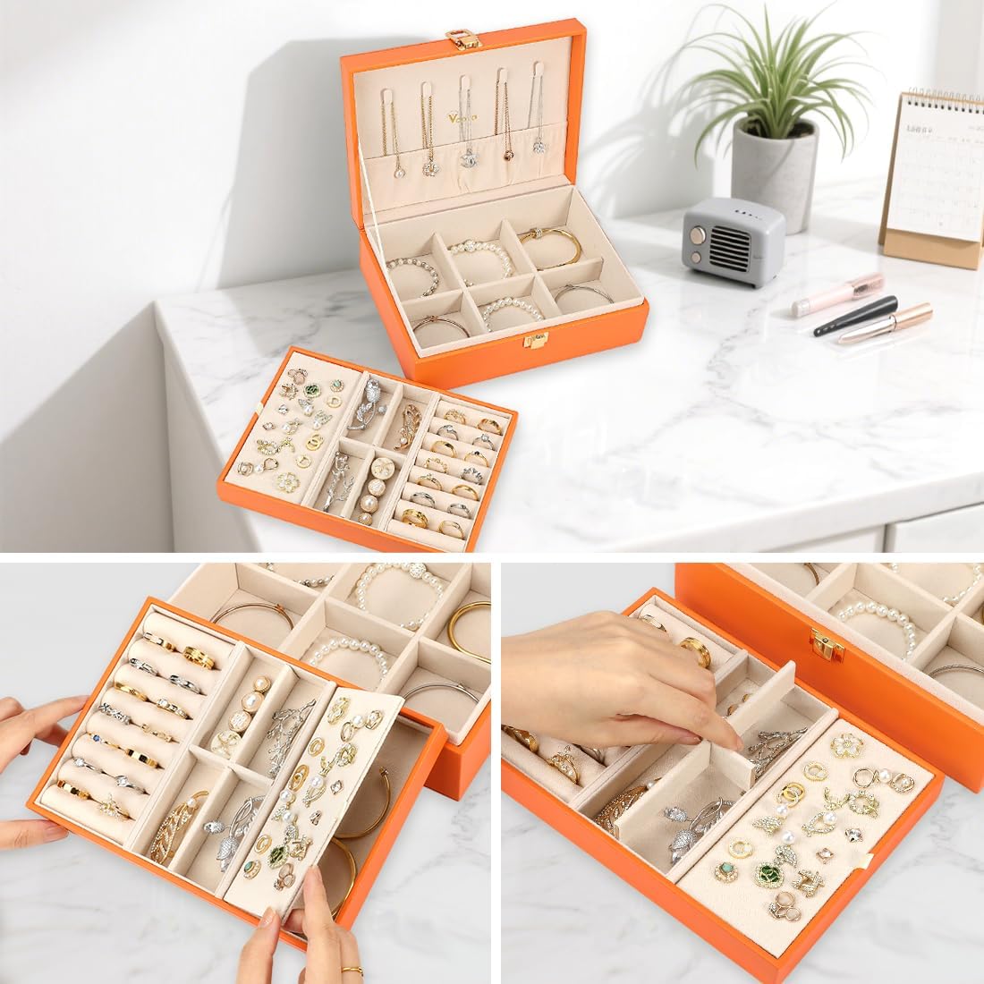Voova Jewelry Box Organizer for Women Girls, 2 Layer Large Men Jewelry Storage Case, PU Leather Display Jewellery Holder with Removable Tray for Necklace Earrings Rings Bracelets, Vintage Gift,Orange