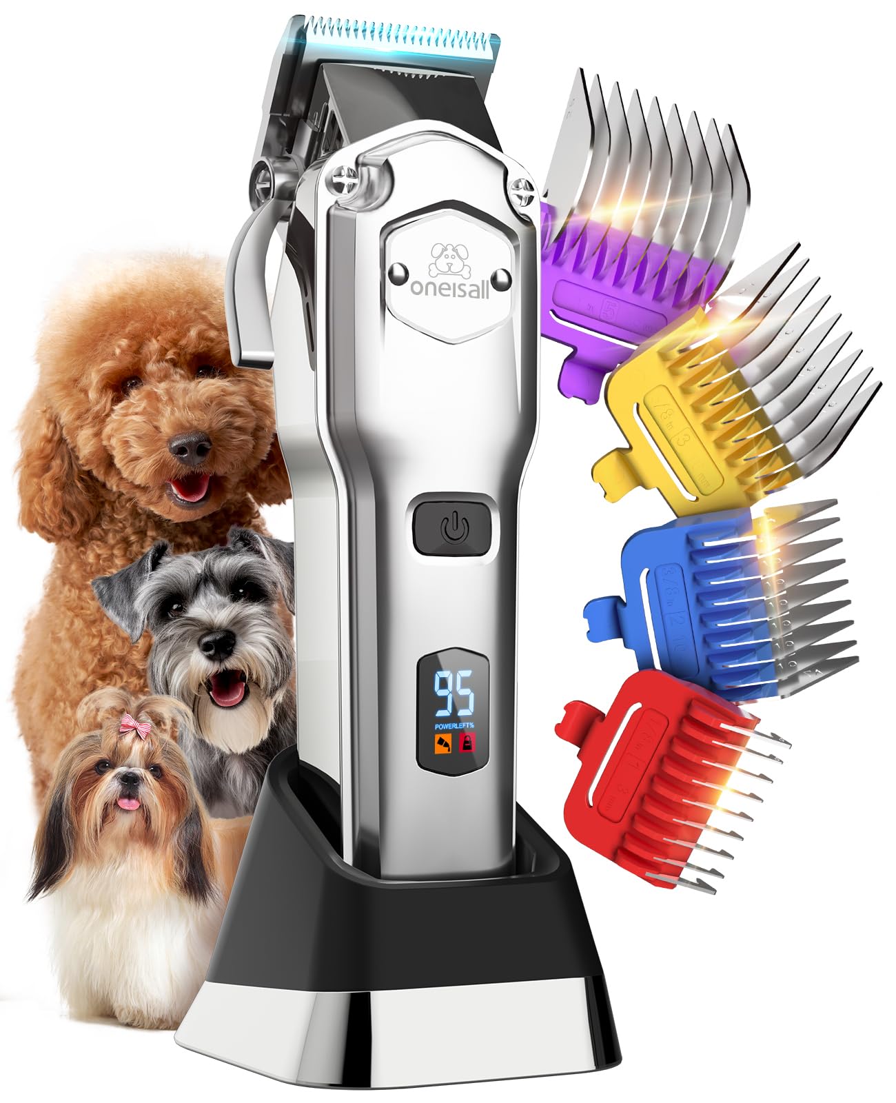 oneisall Leise Hundeschermaschine mit Metall-Führungskamm, Schermaschine Hund profi kabellos, Hochleistungs Tierhaarschneidemaschine für Dickes/Lockiges/Feines/Langes/Gewelltes Haar (Silber)