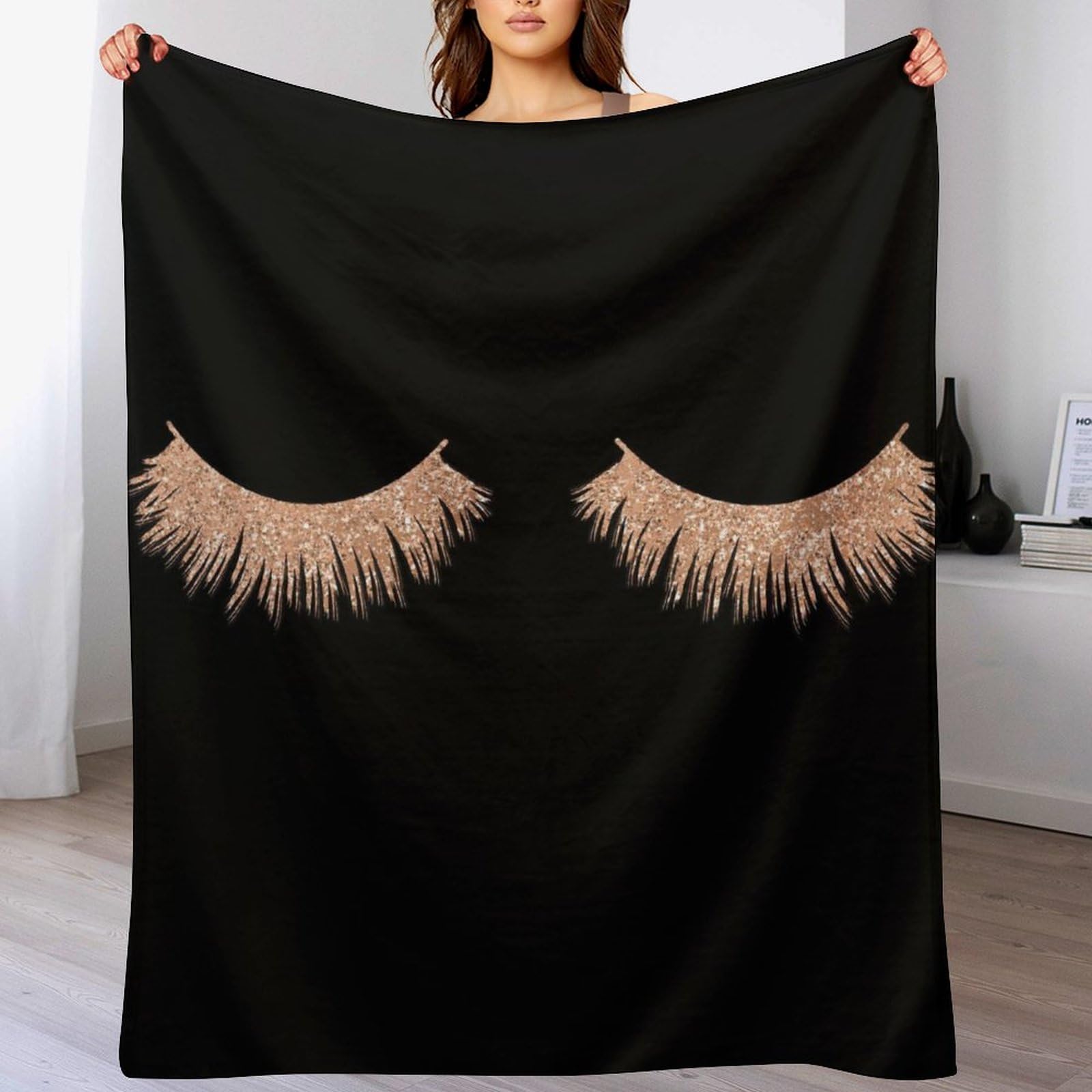 Manta de felpa para maquillaje de pestañas, color negro, elegante, suave y acogedora manta de franela para todas las estaciones para sofá cama, 60 x 80 pulgadas