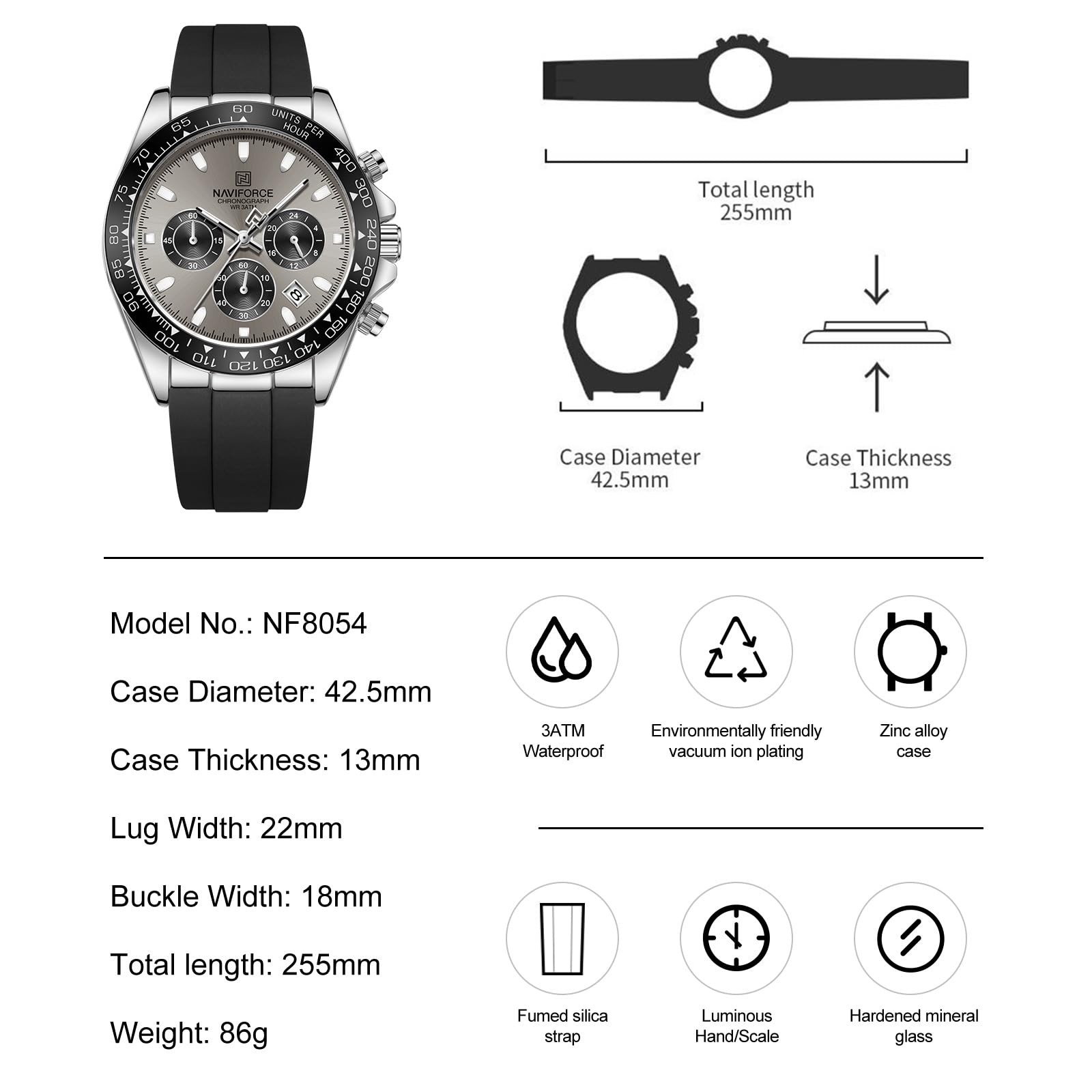 NAVIFORCE Watches for Men,Men's Business Chronograph Wrist Watch, Tachymeter Bezel, Silicone Strap, Date Display, Waterproof 3ATM,Gift - 2