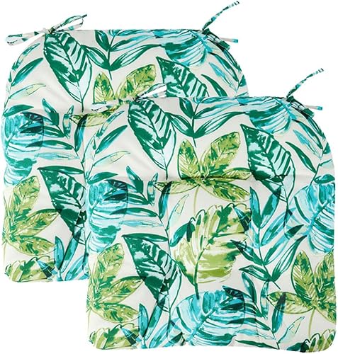 Miniatura 2 de Juego de 2 cojines para sillas de exterior con lazos, 19 x 19 x 5 pulgadas, cojines de asiento impermeables copetudos, cojín en forma de D de 19