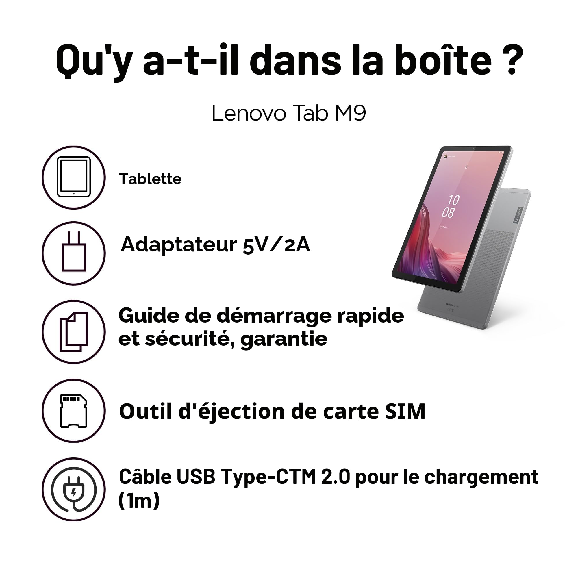 Lenovo Tablette Tab M9 | Écran tactile HD 9" | MediaTek G80 | 4 Go de RAM | 64 Go de mémoire | Android 13 | Gris