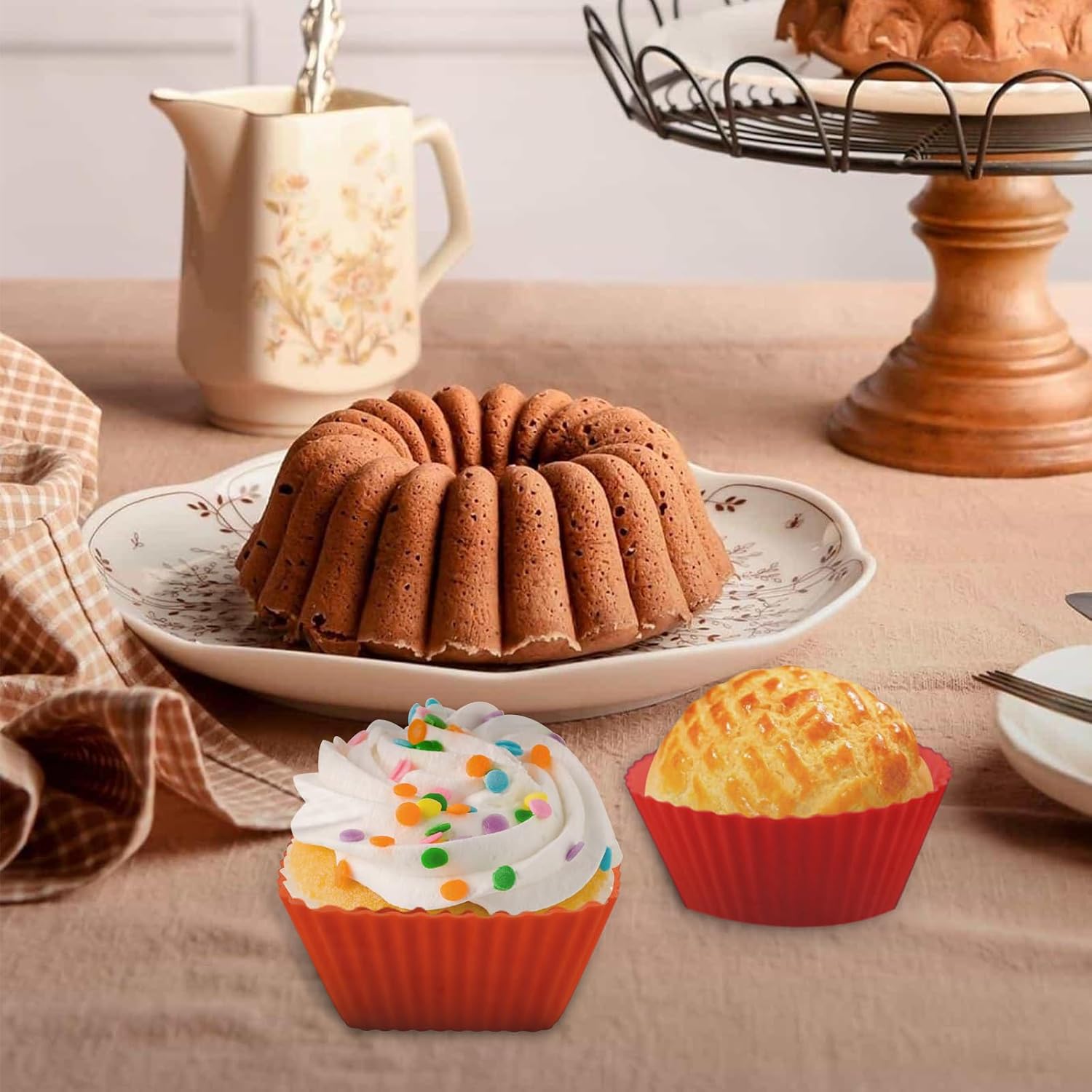 Reusable Silicone Baking Cups of 24 Pack, Square and Round Muffin Baking Liners, Thicken Non-stick Muffin Molds, 4 Colors, BPA-Free