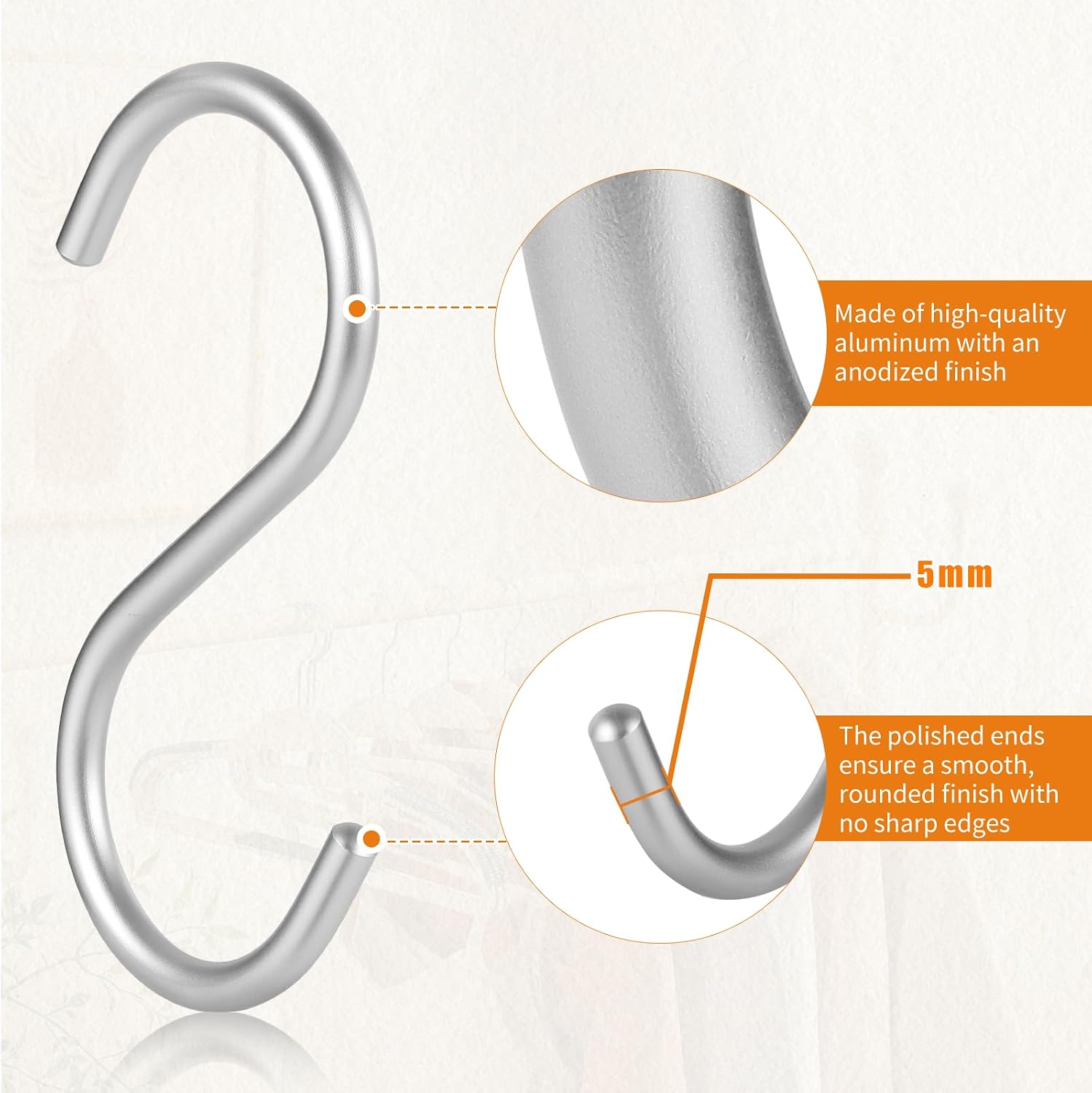 SIAMESE Aluminum S Hooks, 10 Pcs Medium Silver S Shaped Hooks for Hanging Plant, Jeans, Cups in Closet, Kitchen, Living Room, Bathroom or Outdoors (Medium, Silver) image 3