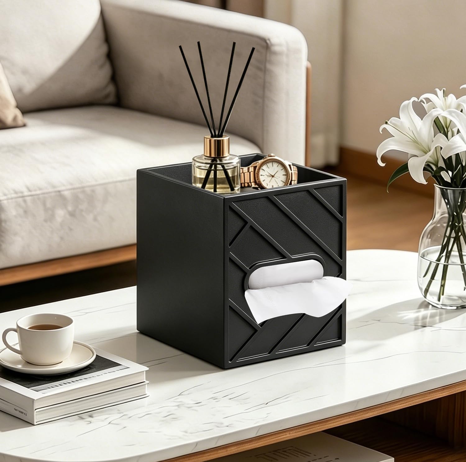 Modern Square Tissue Box Cover, Aesthetic Light Luxury Multifunctional Cube Tissue Holder with Storage Tray, Decorative Wooden Tissue Caddy for Bathroom, Nightstand, Vanity, Home, Office Decor