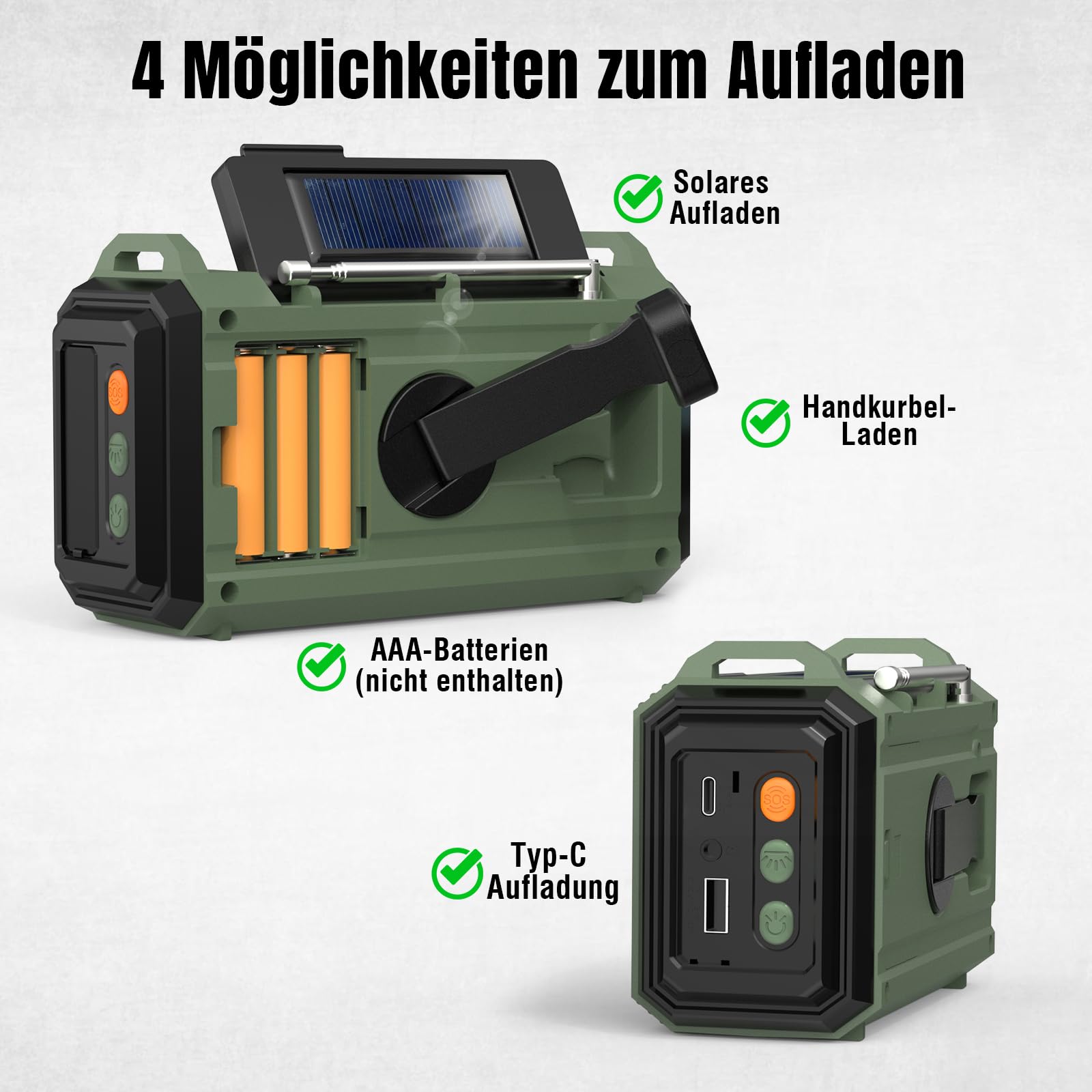 [10.000-mAh-Akku] Raddy SH-905 Notfallradio, Handkurbel, Solar, AM/FM/SW/NOAA-Wetterwarnung, tragbares Wetterradio mit Taschen- & Leselampe, SOS, Batterie-Backup für Stromausfall & Camping