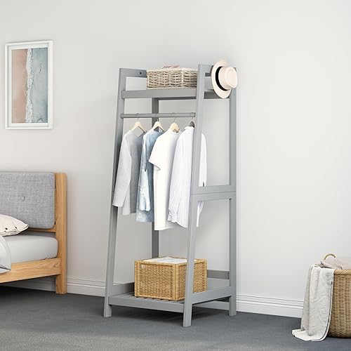 IOTXY Perchero de madera abierta Perchero independiente de madera maciza con estantes de almacenamiento y barra para colgar ropa, pequeño y