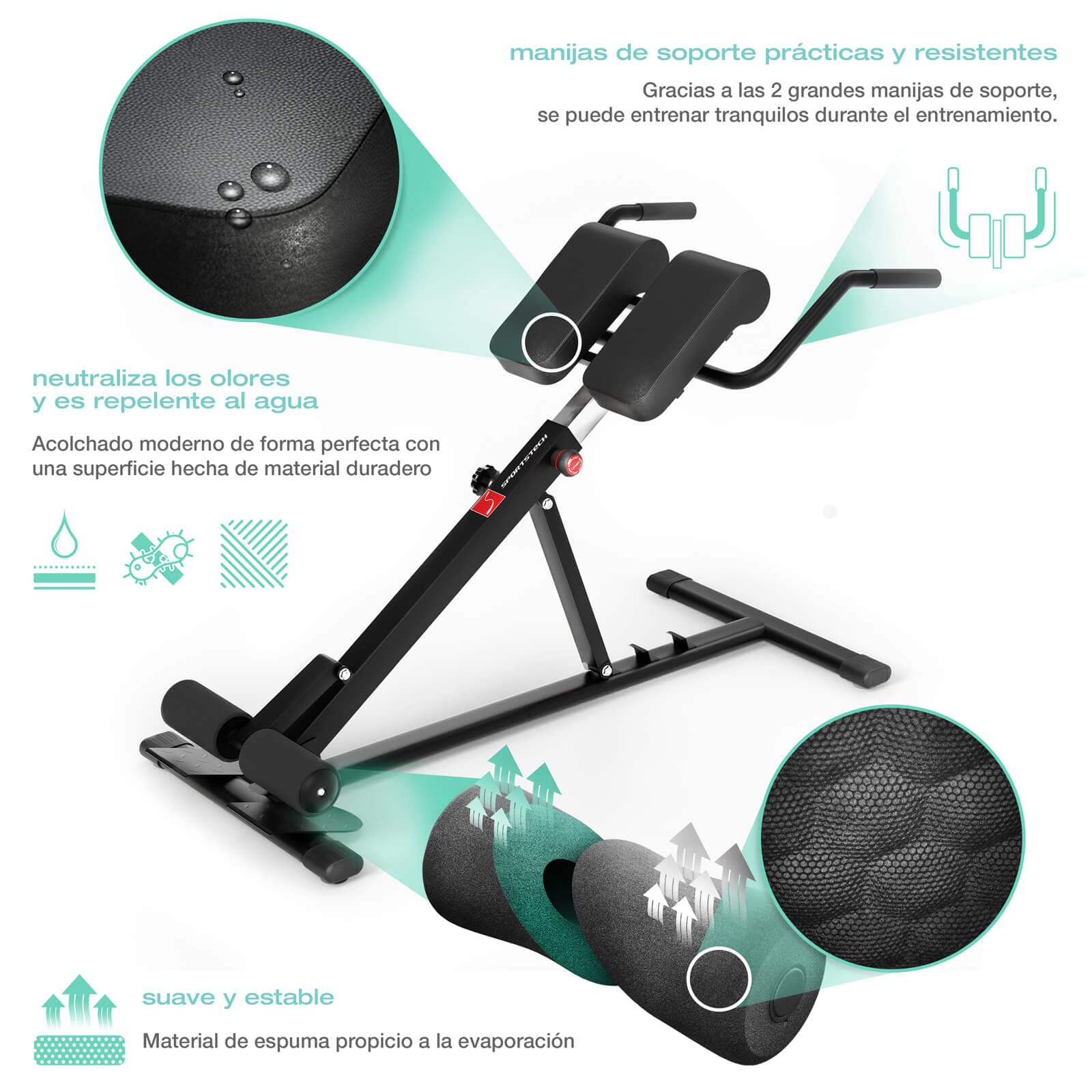 Sportstech BRT150 Entrenador de espalda y abdomen 6 en 1; ergonómico y ajustable; sistema único de bloqueo y fácil de plegar, diseño antideslizante, banco de pesas + fijación de piernas adaptable