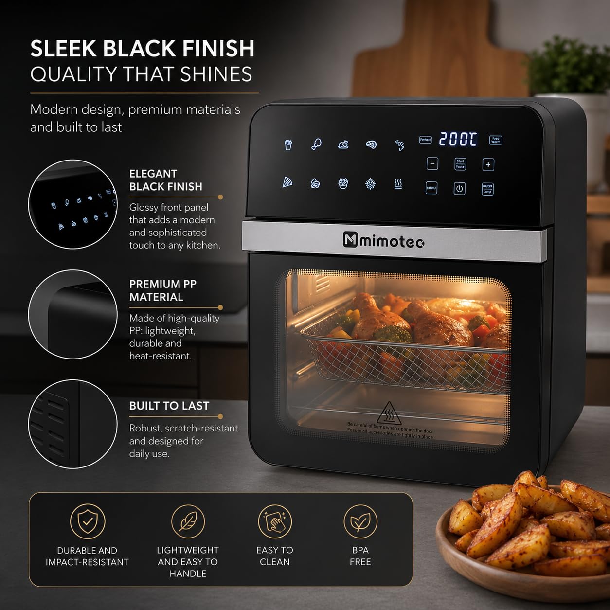 M mimotec – Air Fryer Vera Touch 10L, Freidora de Aire sin Aceite, 1800W, 10 Menús Digitales, Pantalla Táctil, Función Grill, Temporizador regulable, 2 niveles, Temperatura 80-200°C, Cocina Saludable