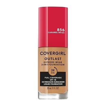 Covergirl Outlast Extreme Wear 3-in-1 Full Coverage Liquid Foundation, SPF 18 Sunscreen, Caramel Beige, 1 Fl. Oz.