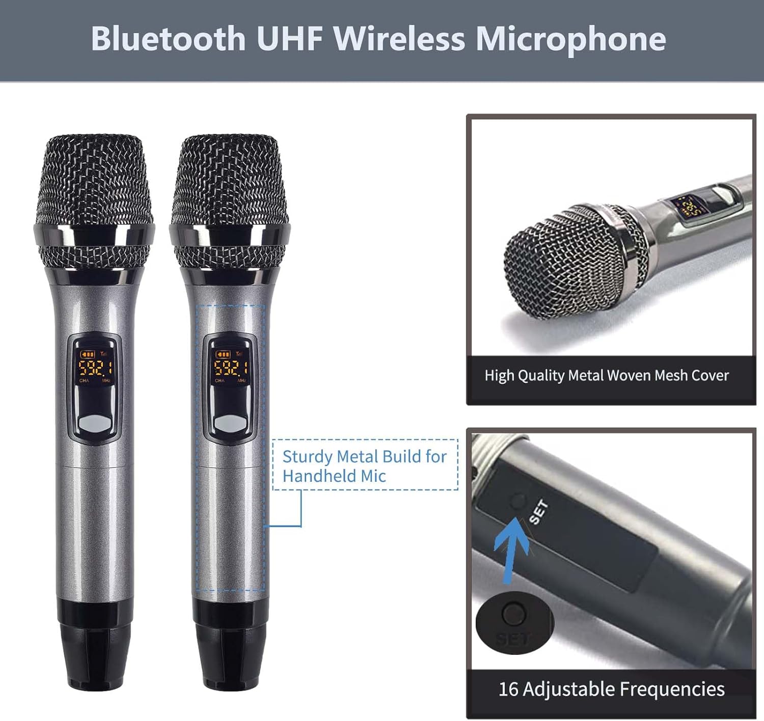 UHF Handheld Wireless Microphone System with Echo Cordless Mic Box with Receiver Metal for Singing Speech Meeting Church Wedding, 280FT