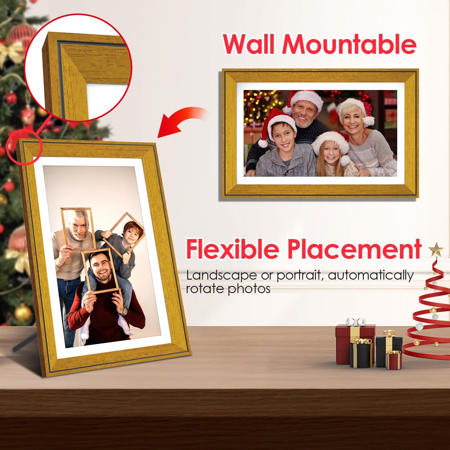 Digital frame showing flexible placement options, tabletop and wall-mounted