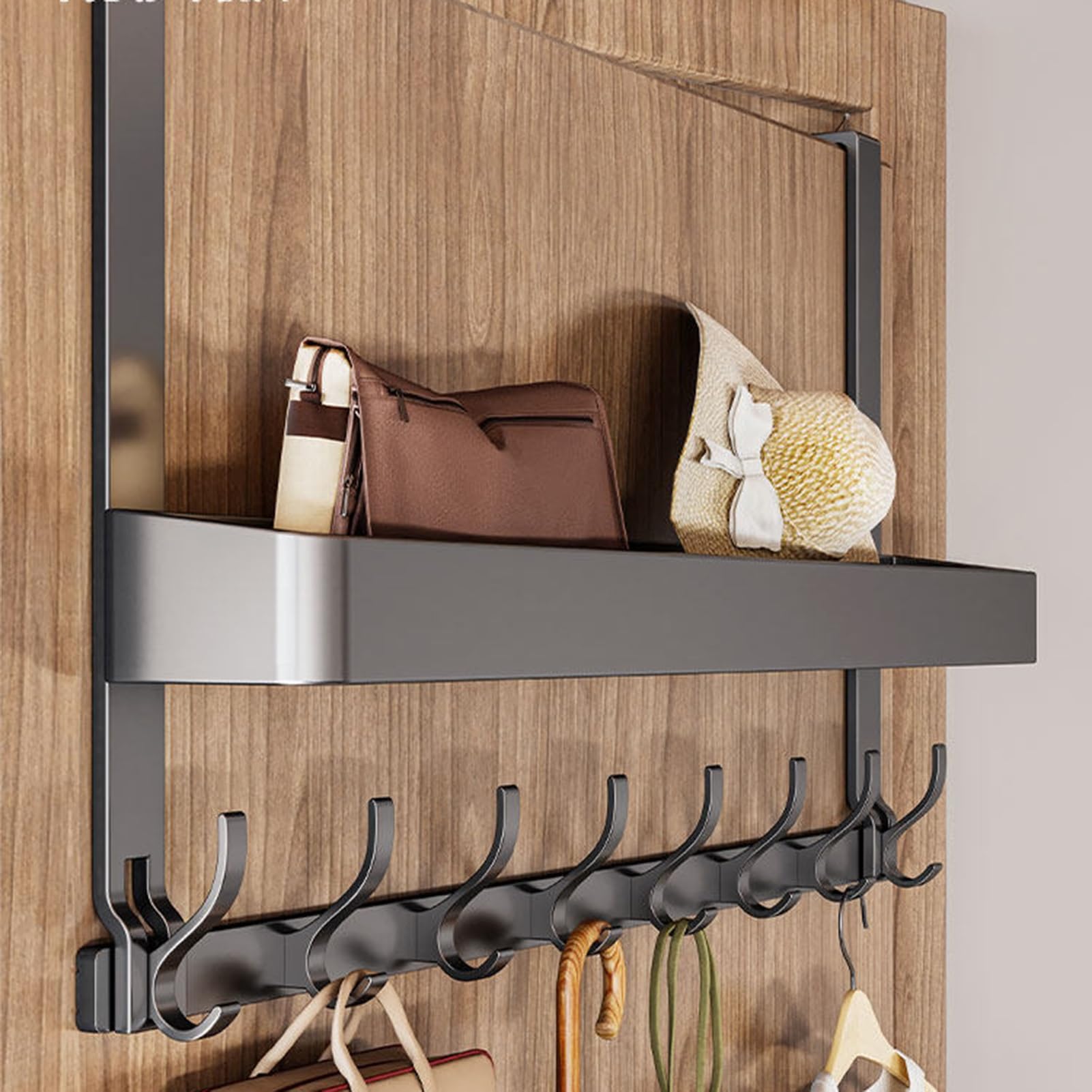 Organizzatore da Appendere alla Porta, Contenitore a Parete per dispensa con Ampio Cestino e 7 Ganci per Bagno, Camera da Letto e Lavanderia.
