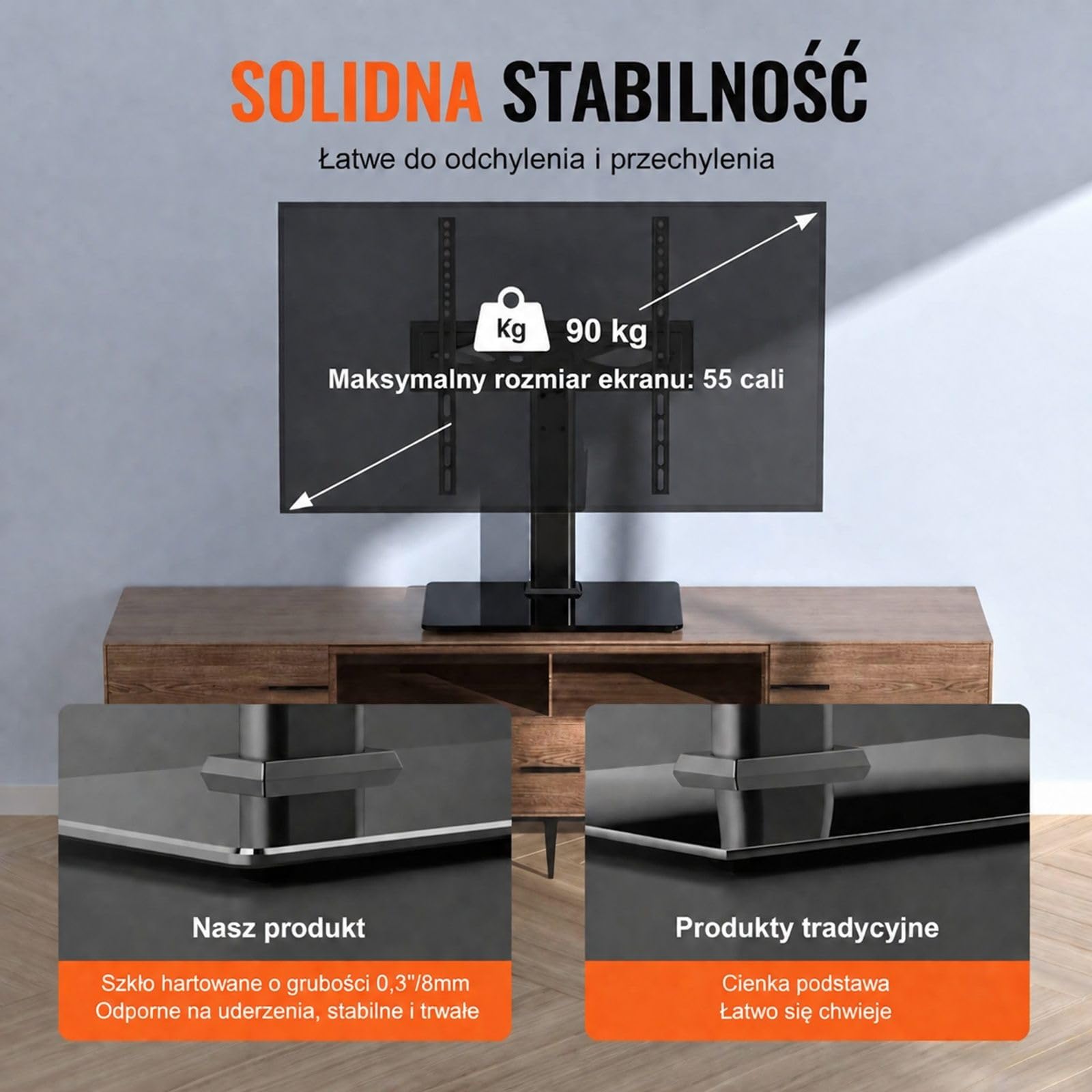 Uniwersalny stojak pod telewizor na kółkach, obrotowy i z regulacją wysokości, z systemem prowadzenia kabli