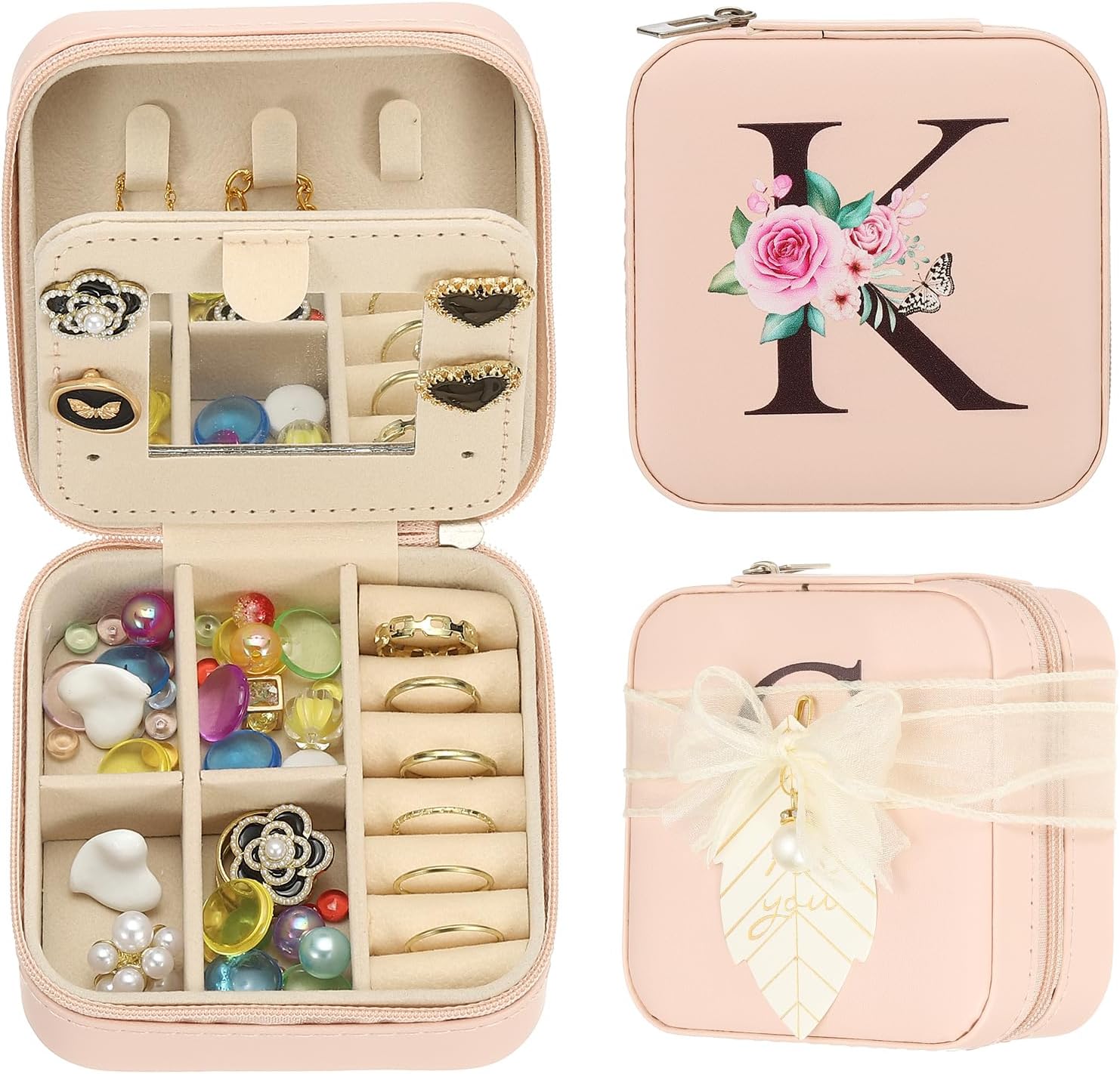 PATIKIL Travel Jewelry Case, K Initial Small Travel Jewelry Box Organizer Earrings Storage Case with Ribbon Personalized Gifts for Women Girls Birthday Christmas Bridesmaid Gifts, Pink