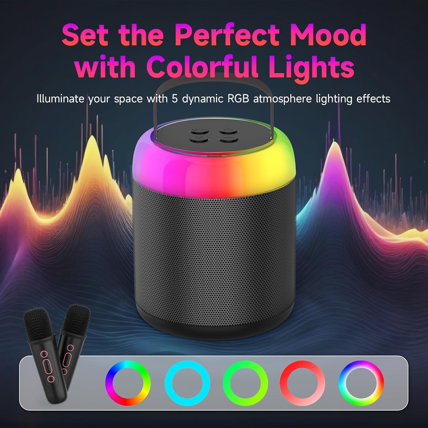 heetipuk Y2 Mini Karaoke Machine displaying colorful light modes