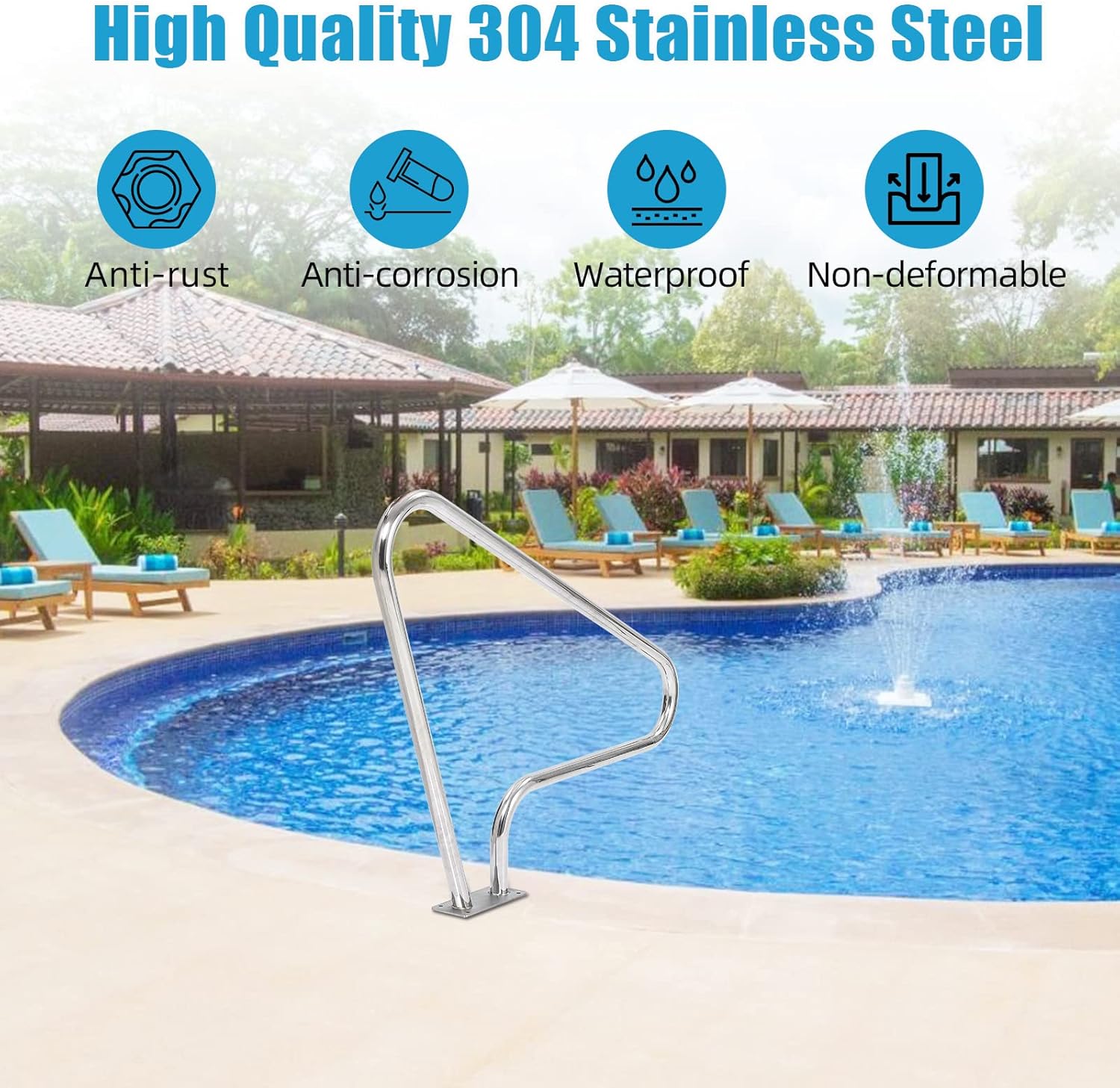 Pool Rail 48"x 36", 304 Stainless Steel 370LBS Load Capacity, Silver Rustproof Pool Handrail for Swimming Pool with Grip Cover & Accessories