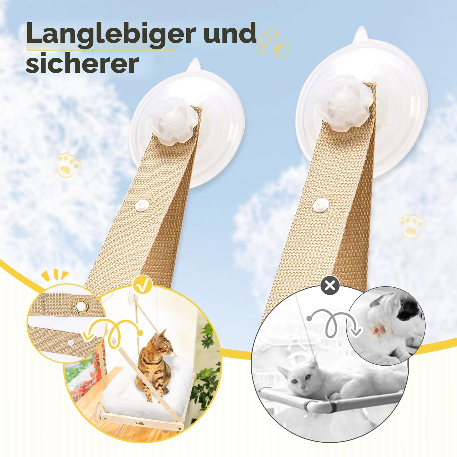CATISM Faltbare Katzen Fensterliege mit Kissen bis 20 kg, Katzenhängematte Fenstersitz, Katzenfensterhängematten Bett für Indoor Katze, Große Katzen Sitzstange mit Stabilen Saugnapf (50 x 38 cm)