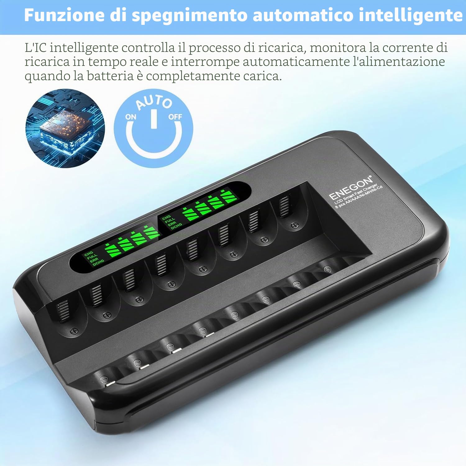 ENEGON Caricabatterie Rapido Intelligente per Batterie Ricaricabili AA AAA Ni-MH Ni-CD con Display LCD, 8 Slot Indipendenti, Protezione e Alimentatore 100-240V