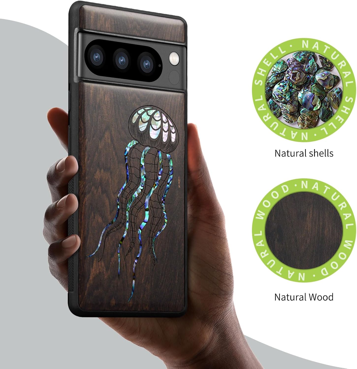Carveit Designer Wooden Case for Google Pixel 8 Pro Case Cover [Wood Engraving & Shell Inlay] Compatible with Wireless Chargers Pixel 8 Pro (Art Jellyfish-Blackwood)