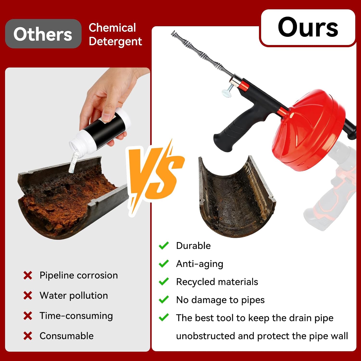 50FT Drain Auger, Dual-Mode Plumbing Snake with Drill Attachment, Sewer Pipe Clog Remover for Kitchen/Bathroom/Shower/Toilet, 6 Hair Clog Removers + Storage Bag, Destapador de tuberia (50 FT, Red)