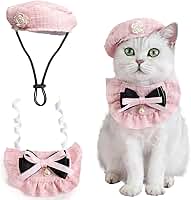 Kit Fantasia Pet Princesa 2 Peças – Boina Retrô com Camélia + Gravata/Bandana Ajustável para Gatos e Cães de Pequeno e Médio Porte – Rosa Elegante para Aniversário, Natal e Festas Temáticas