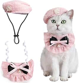 Kit Fantasia Pet Princesa 2 Peças – Boina Retrô com Camélia + Gravata/Bandana Ajustável para Gatos e Cães de Pequeno e Médio Porte – Rosa Elegante para Aniversário, Natal e Festas Temáticas