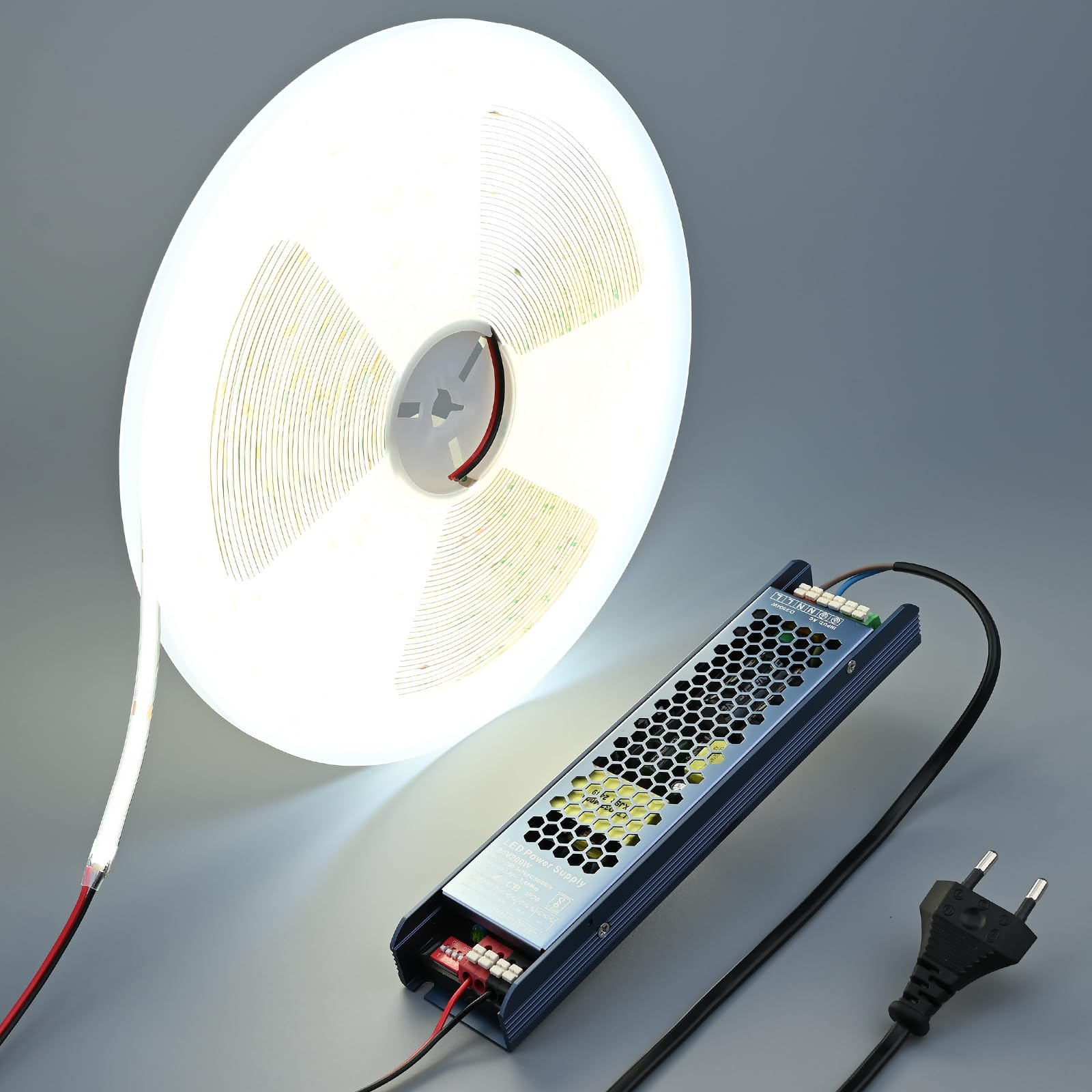 BENLUN Striscia LED COB 24V 20 Metri, IC Corrente Costante con Alimentatore | 6000K Bianco Freddo Luci LED Adesive 150W 480LEDs/m CRI 90+ per Illuminazione Interna, Camera da Letto, Cucina, Soggiorno