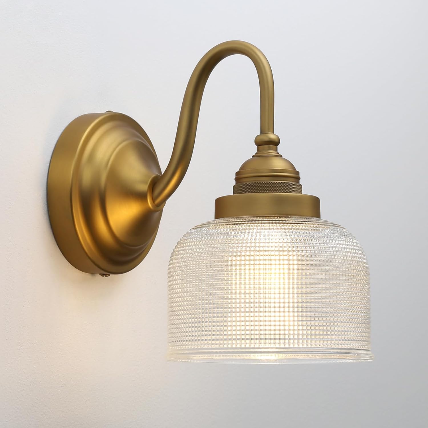 Yosoan Brass Gold Vintage Wall Sconce with Striped Bowl Shade, 1-Light Indoor Modern Retro Vanity Industrial Wall Mounted Hardwired for Living Room Bedroom Fireplace Hallway(Antique)