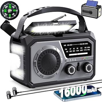 16000mAh Hand Crank Emergency Weather Radio with Wireless Speaker, 59200mWh NOAA AM FM Solar Radio with Flashlight Cell Phone Charger Reading Lamp Compass SOS for Camping and Survival Gray