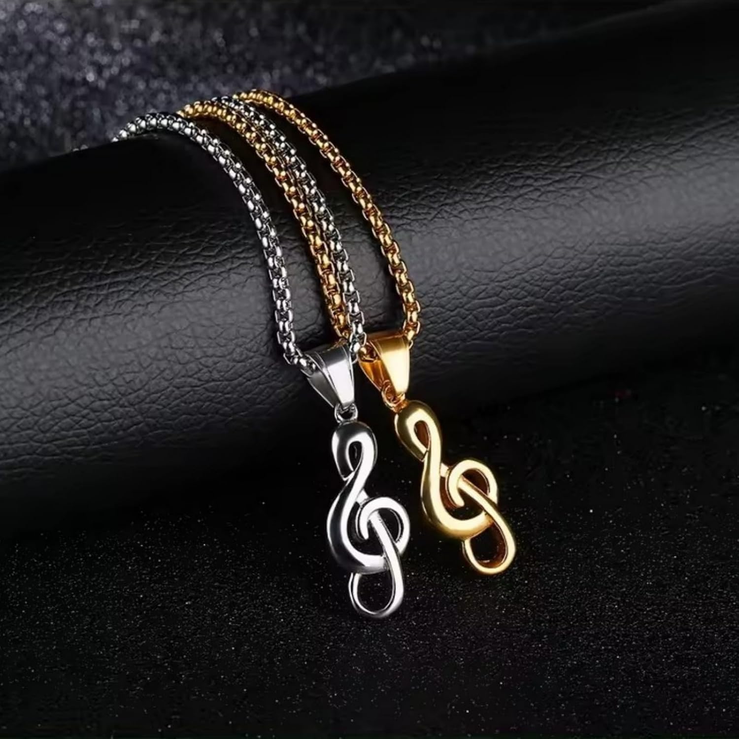 2Pack Set Stainless Steel Music Note Pendant Chain Necklace for Men Women,Silver Gold Titanium Steel Music Treble Clef Pendant Charm Necklaces for Man Woman Jewelry,24inch Chain image 3