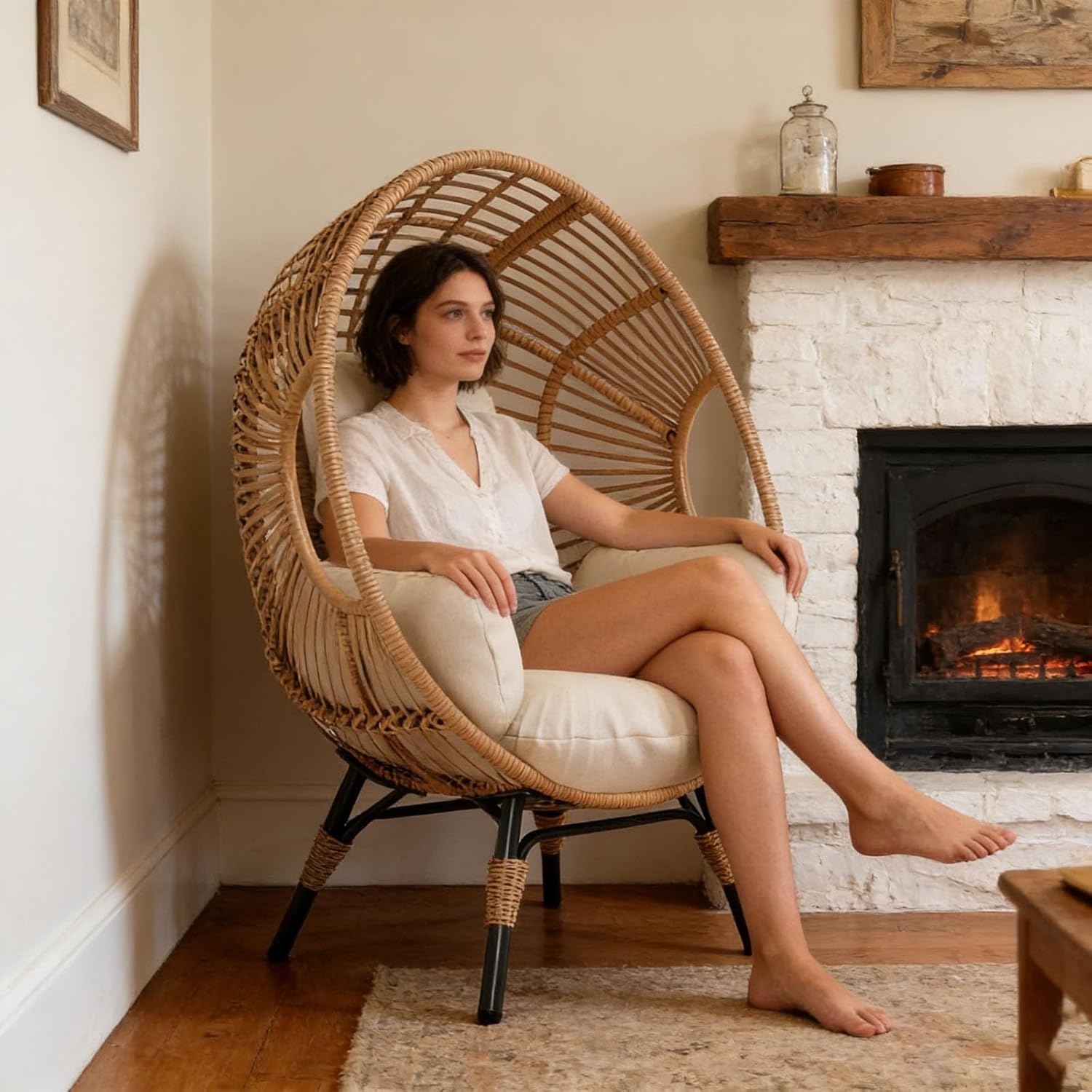 Indoor Egg Chair Wicker Outdoor, 400lbs Capacity, 8-Inch Cushion, Weather-Resistant PE Rattan Balcony Chairs(Black+Gray)